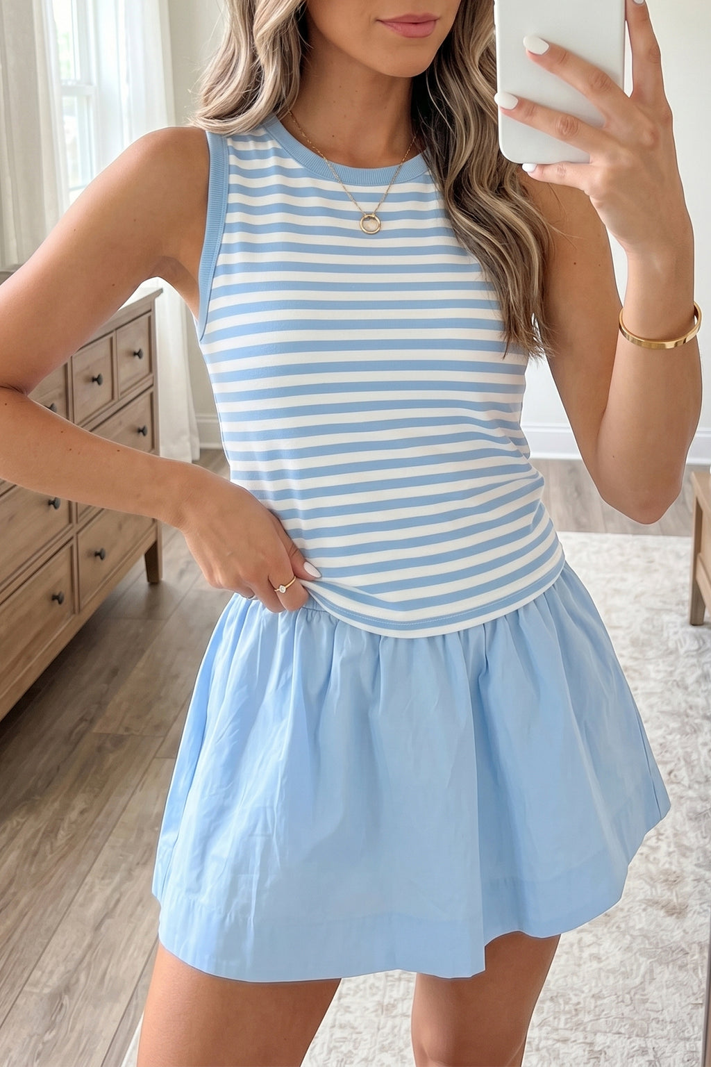 Sky Blue Stripe Slim Tank & Contrast Ruffle Mini Skort Set | UK 8–22