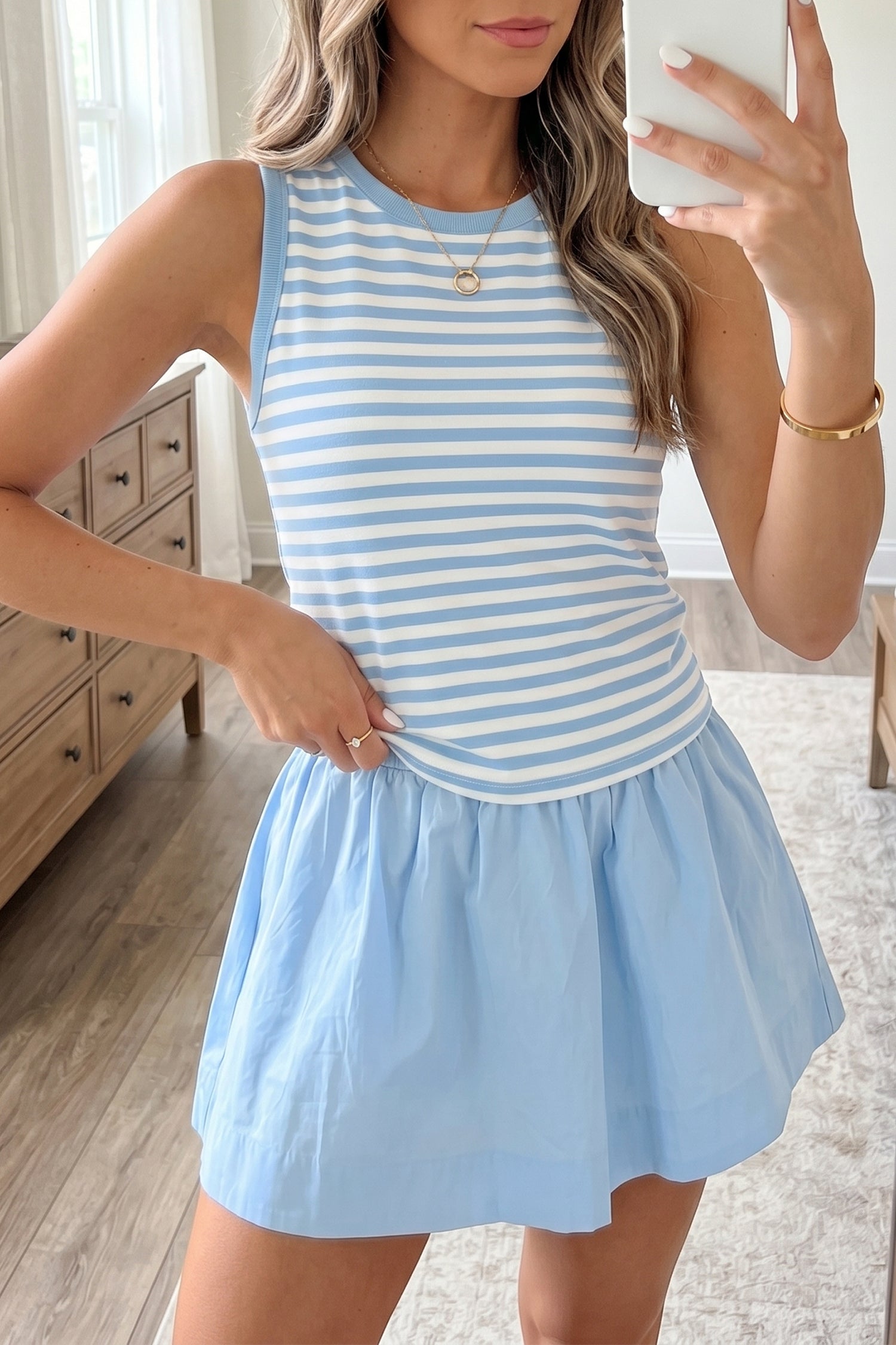 Sky Blue Stripe Slim Tank & Contrast Ruffle Mini Skort Set | UK 8–22