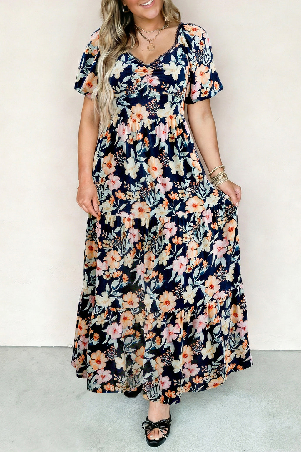 Women's Blue Floral Smocked High Waist Short Sleeve Maxi Dress at LivelyLooks