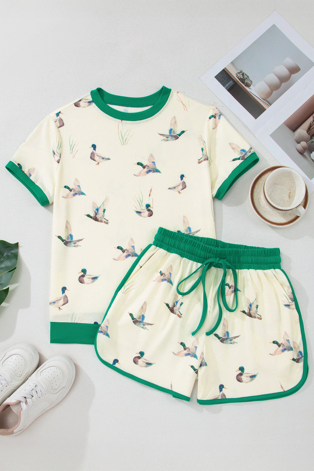 Beige Mallard Print Colourblock Trim Short Set