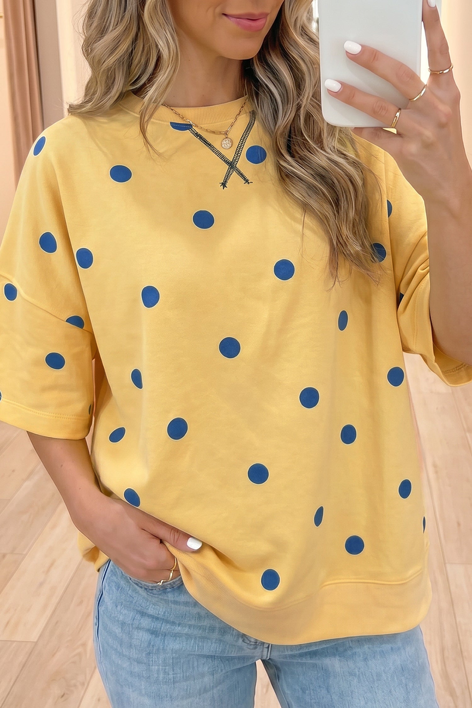 Women's Polka Dot Oversized Tee Crossed Seam Detail Yellow Sky Blue S-XL