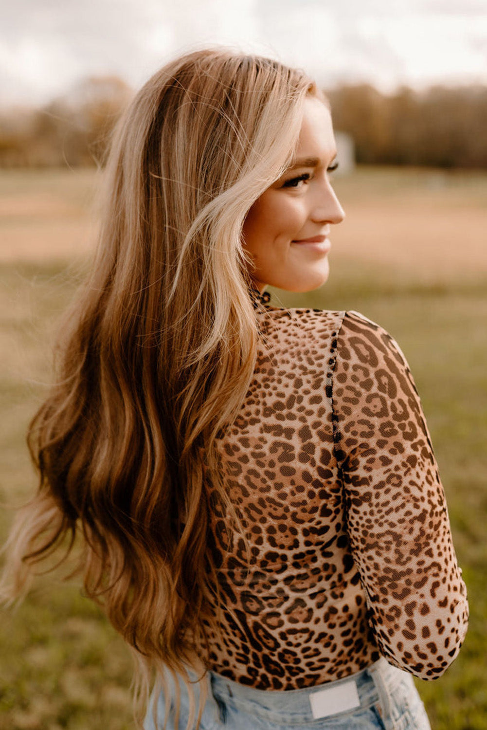 Brown Leopard Print Bodysuit Smocked Neck Mesh Long Sleeve Women S-XL