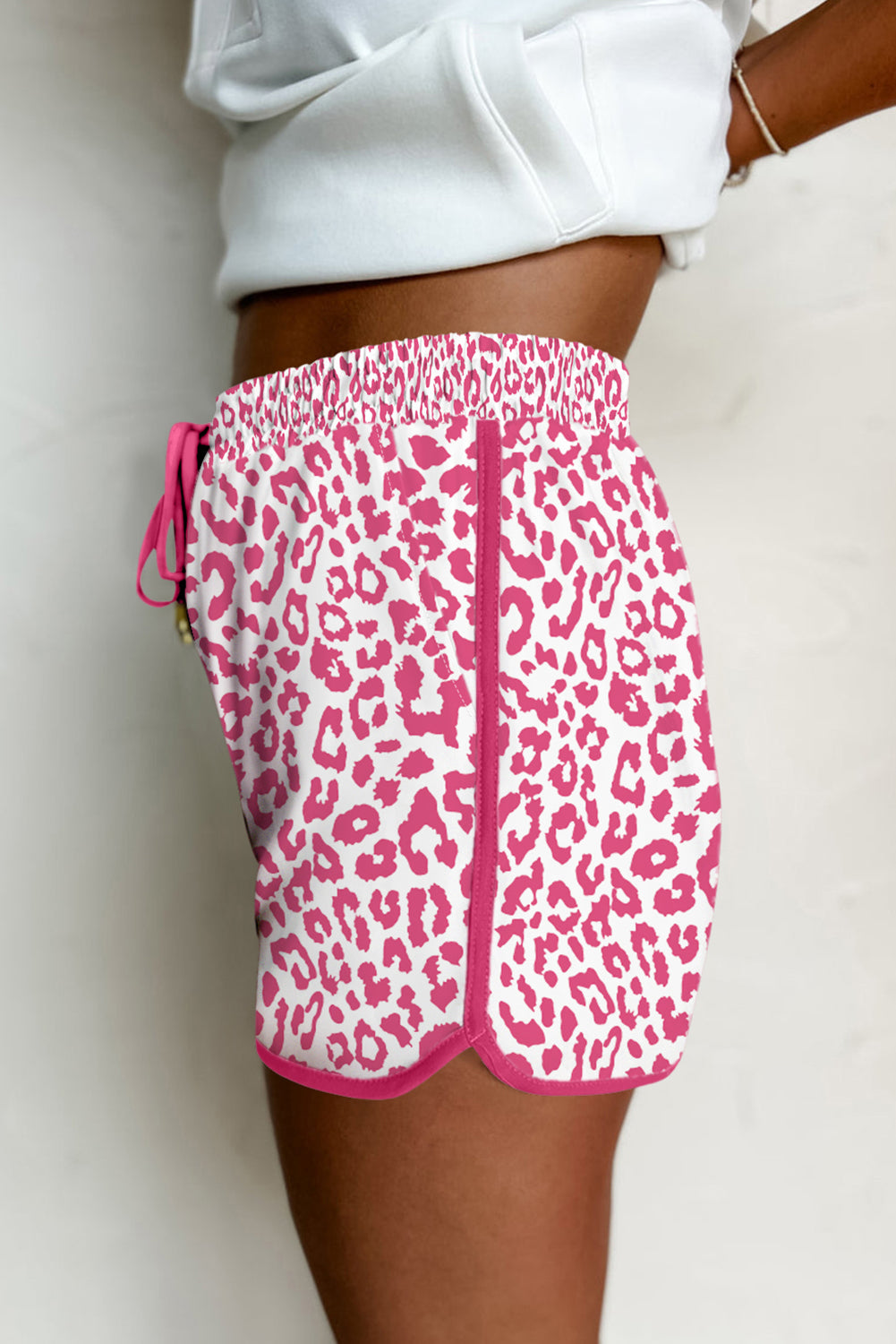 Women's Pink Leopard Elastic Waistband Lace up Contrast Trim Casual Shorts at LivelyLooks