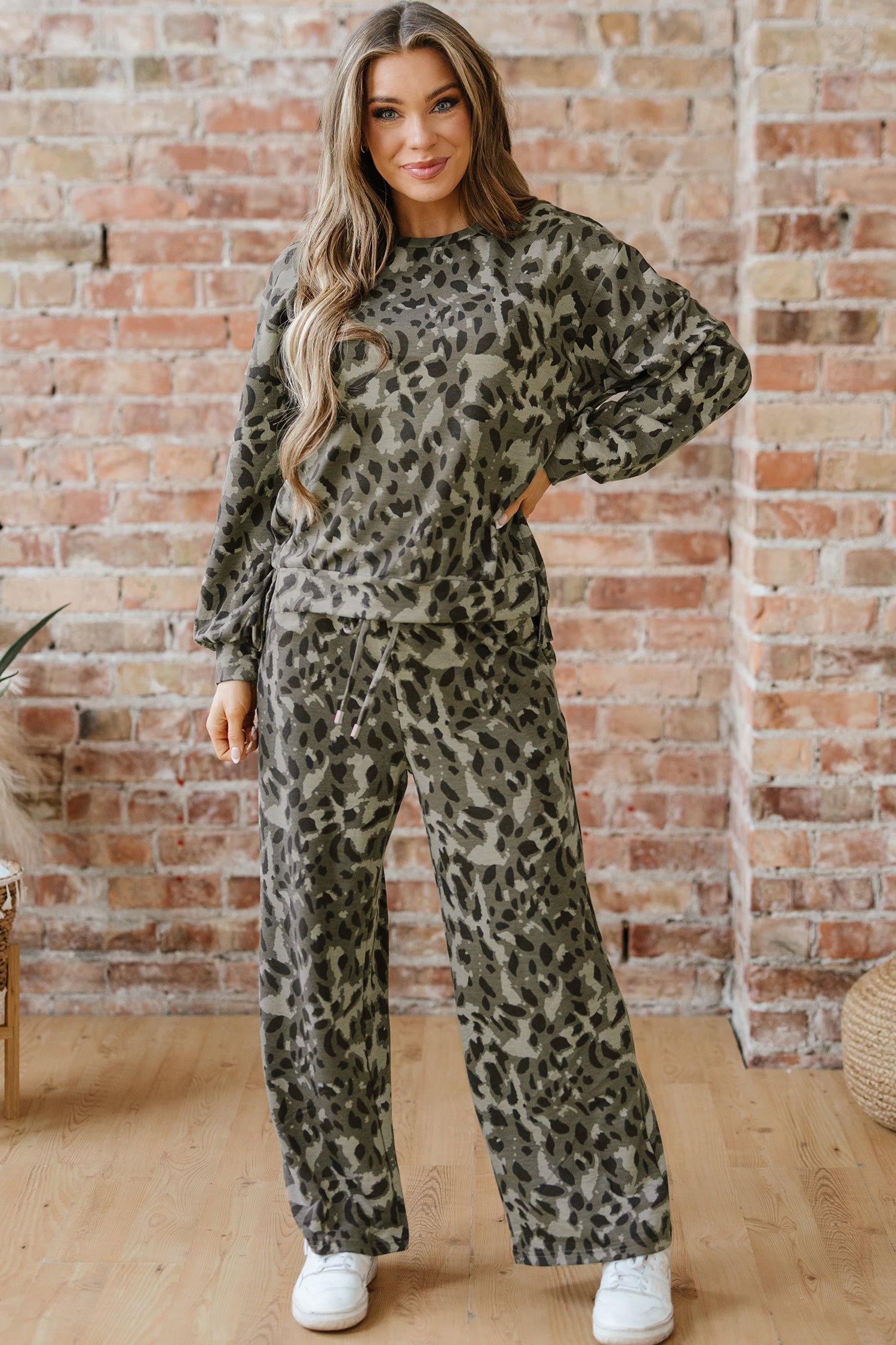 Leopard Print Raw Seam Pullover & Wide Leg Pant Set | Brown & Grey | UK 8–18