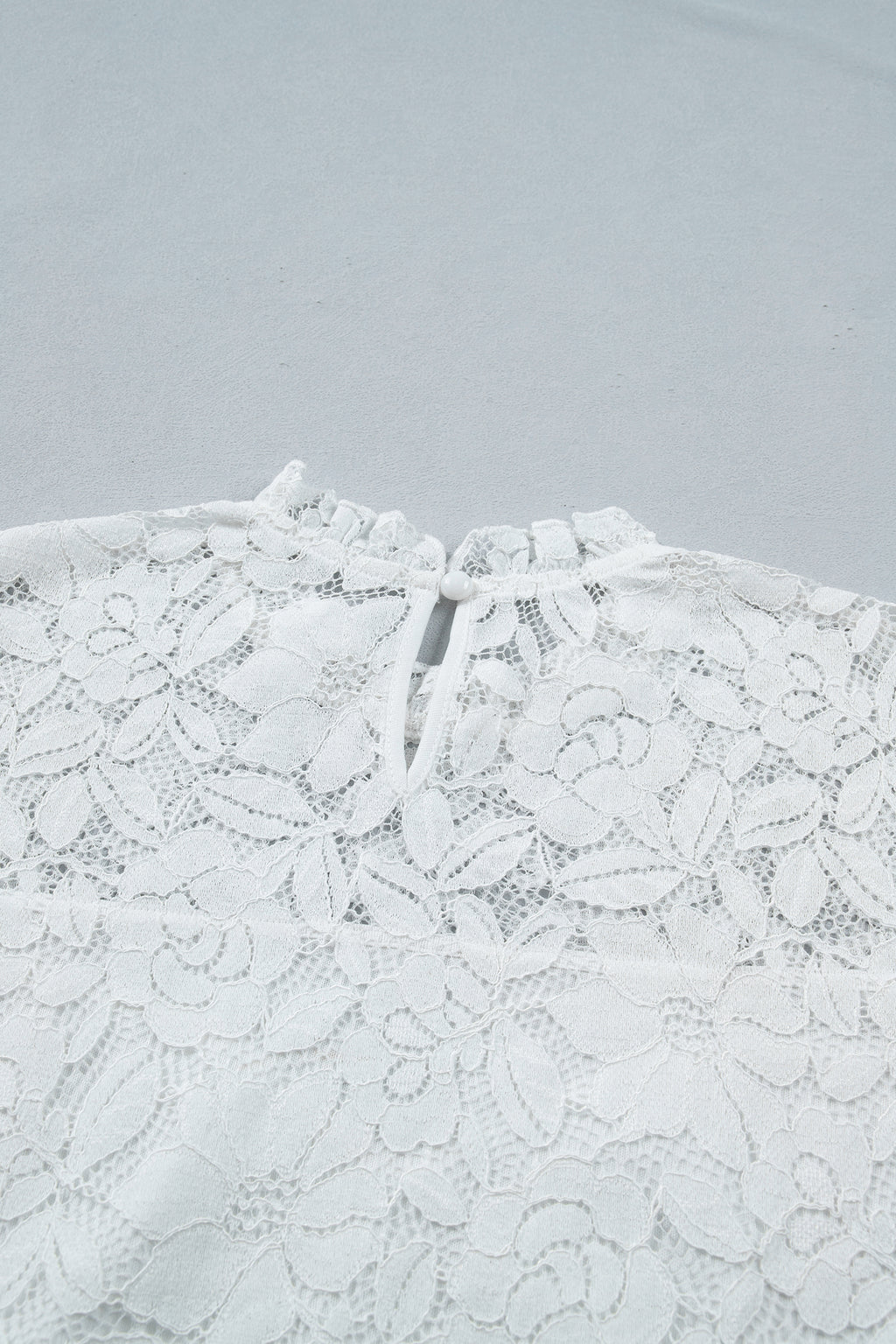 White Sheer Lace Blouse Ruffled Round Neck Long Flounce Sleeve Women S-XL