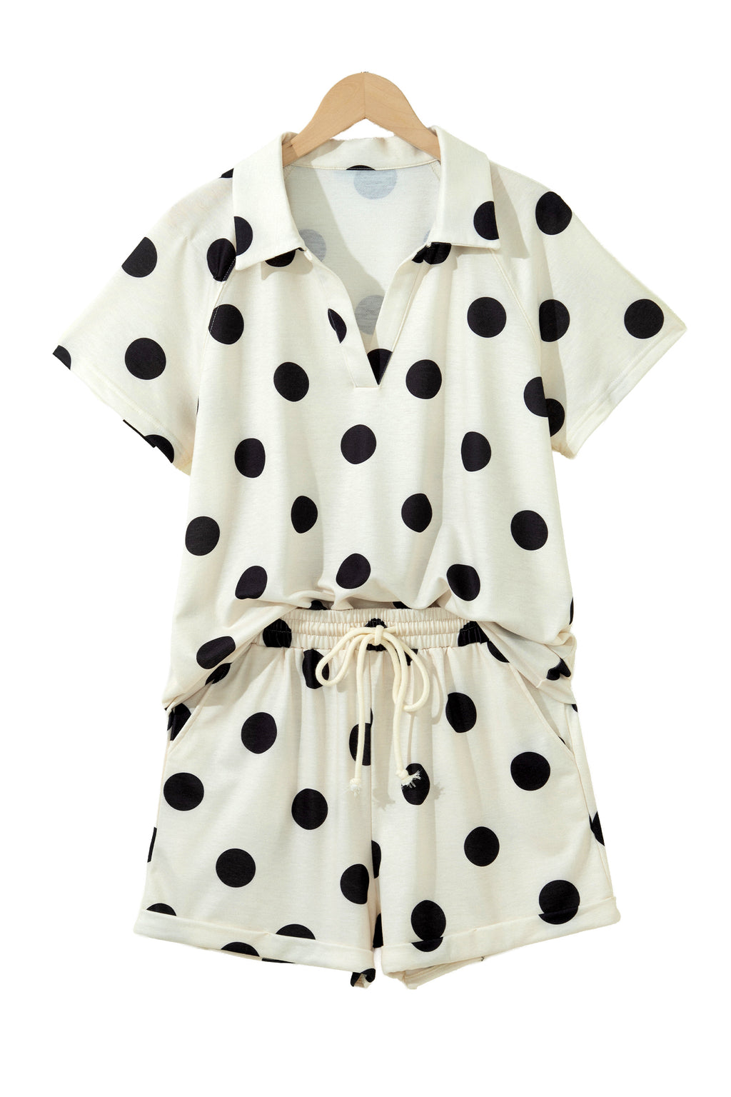Shop Polka Dot V-Neck Tee & Shorts Co-ord Set | Green, Pink & Beige S-XL at LivelyLooks