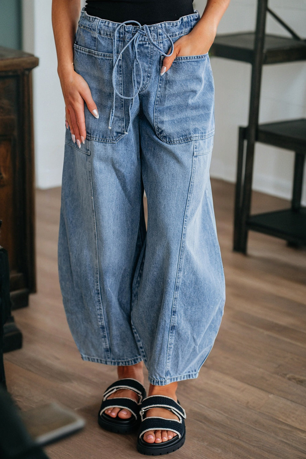 Shop Myosotis Large Patch Pocket Drawstring Paperbag Waist Barrel Jeans at LivelyLooks