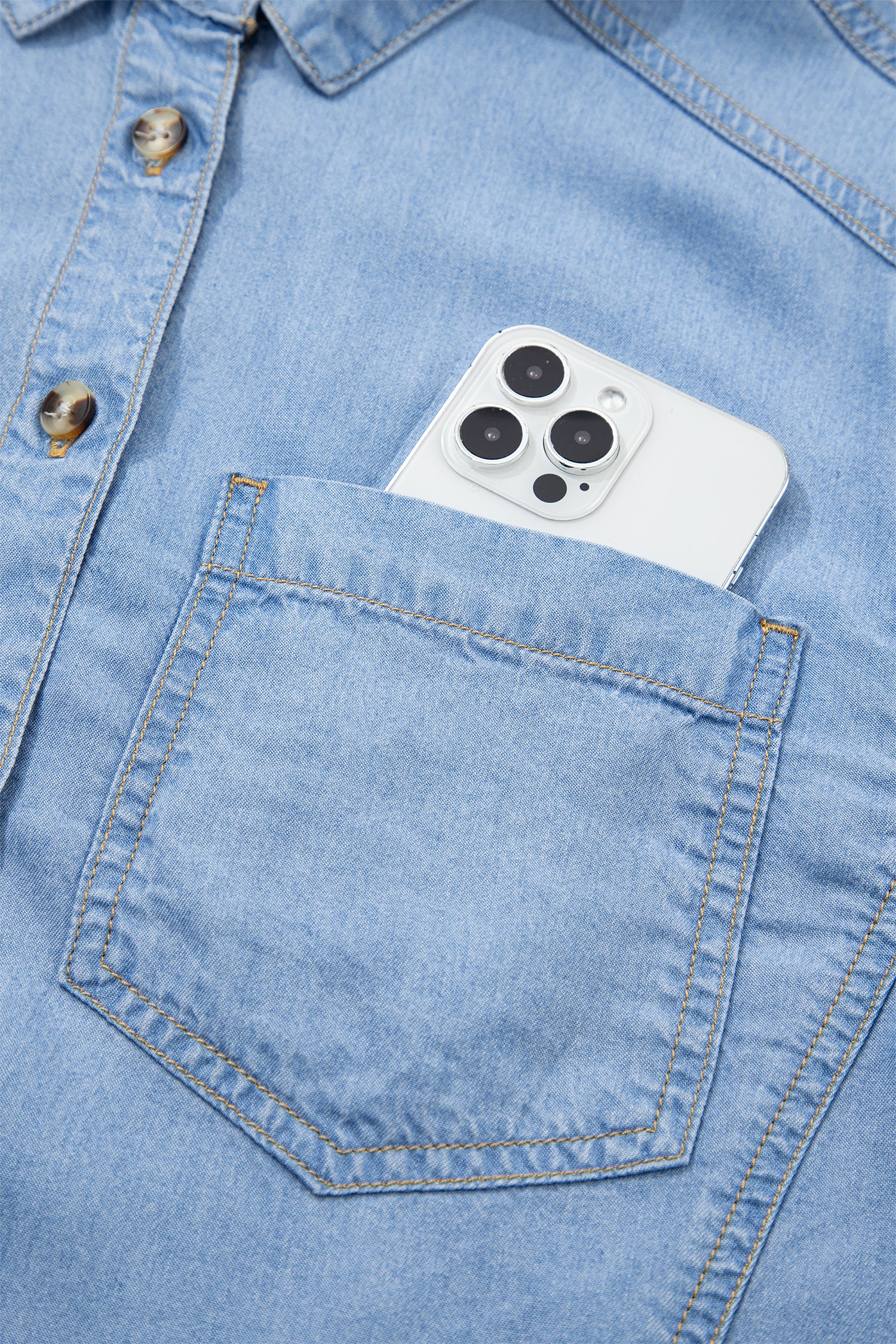 Shop Beau Blue Half Sleeve Button Down Ruffled High Low Chambray Shirt at LivelyLooks