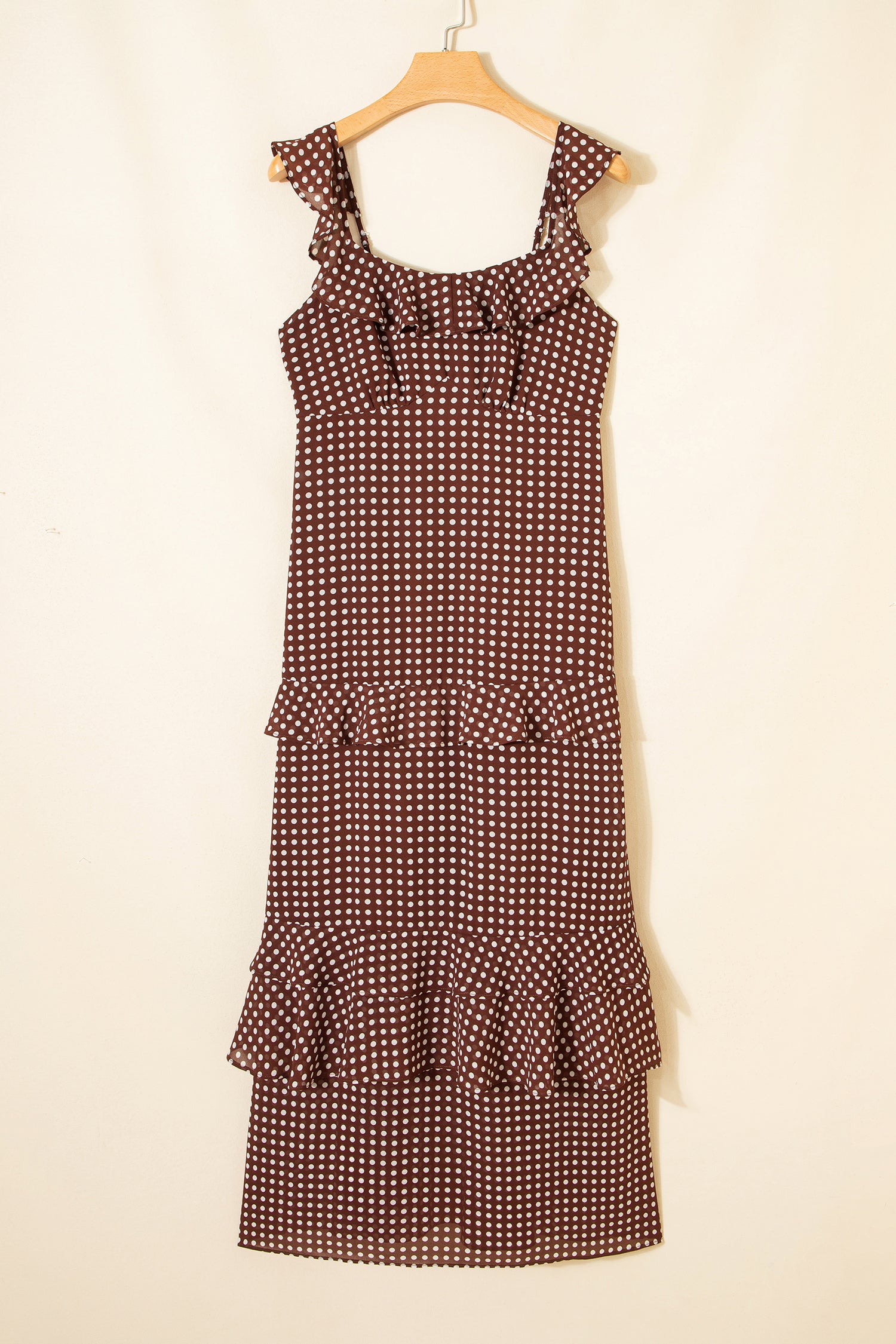 Women's Coffee Polka Dot Backless Ruffled Tiered Maxi Dress at LivelyLooks
