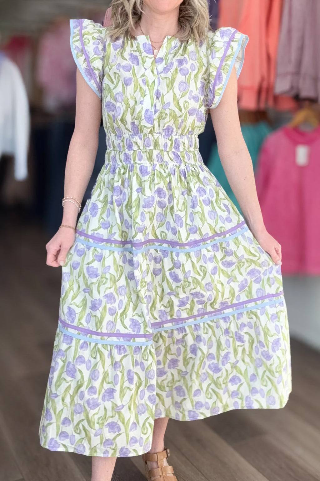 Purple Tulip Floral Print Contrast Trim Flutter Sleeve Midi Dress