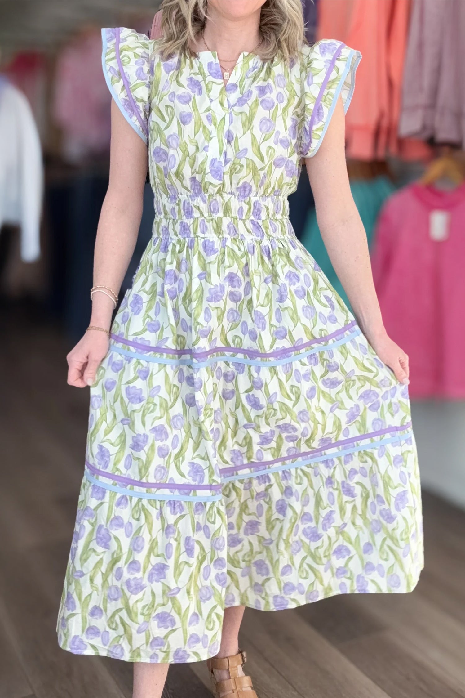 Purple Tulip Floral Print Contrast Trim Flutter Sleeve Midi Dress