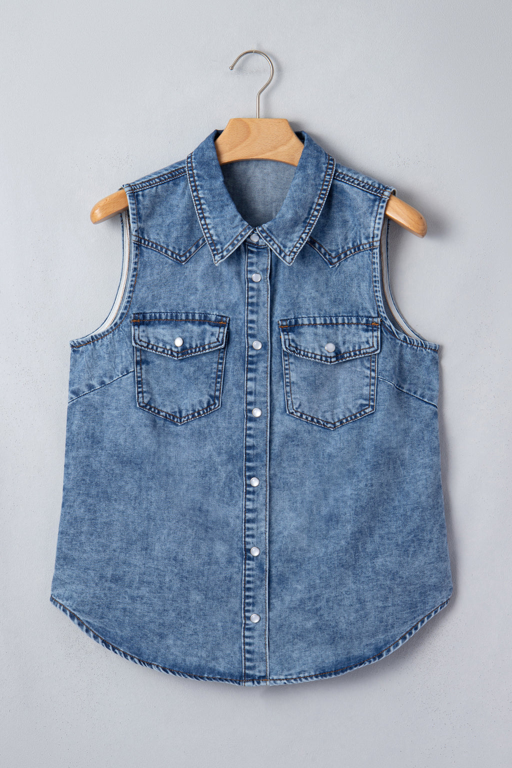 Shop Dusk Blue Buttoned Front Collared Sleeveless Denim Vest at LivelyLooks