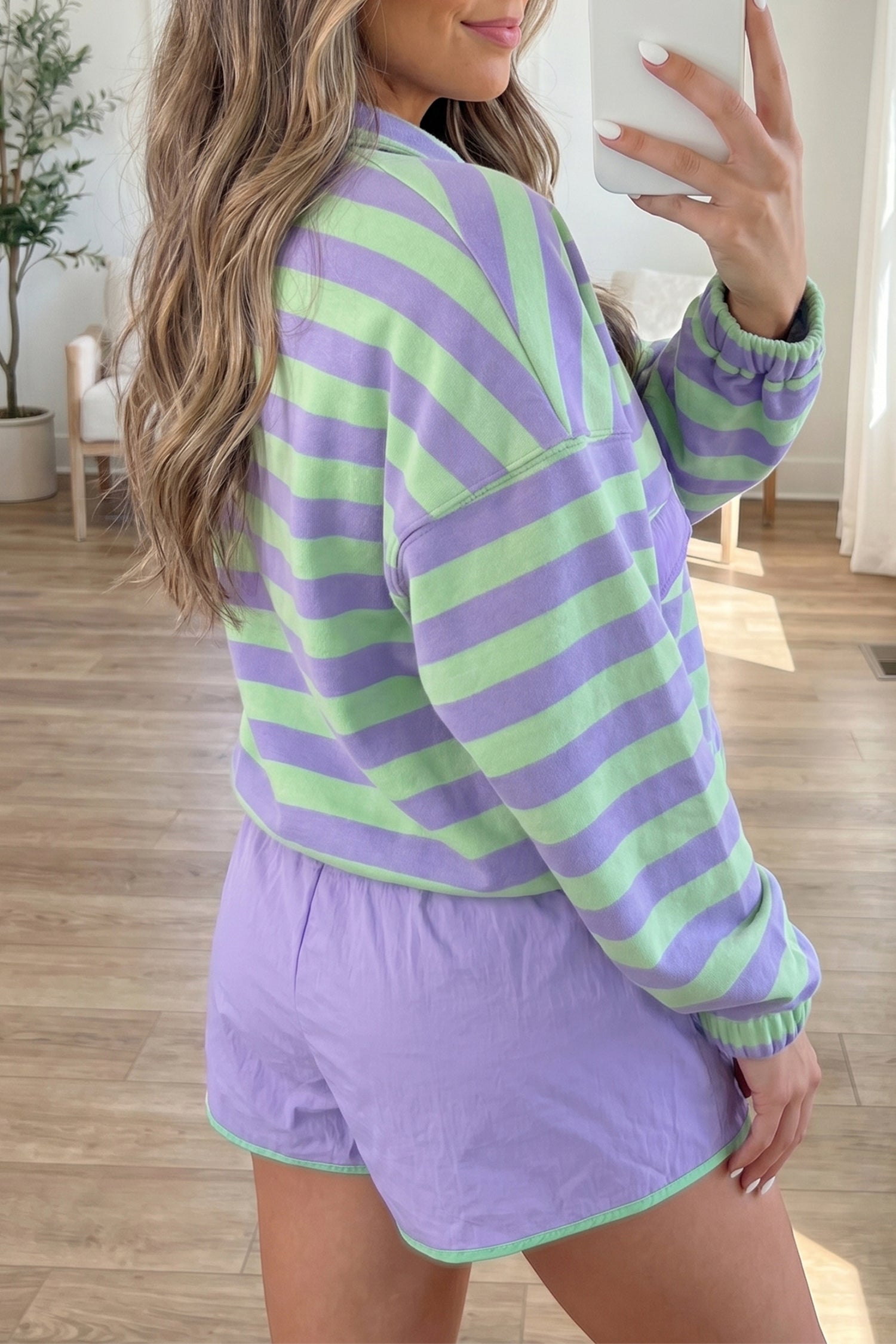 Purple Stripe Half Button Long Sleeve Top & Mix and Match Shorts Set | UK 8–16
