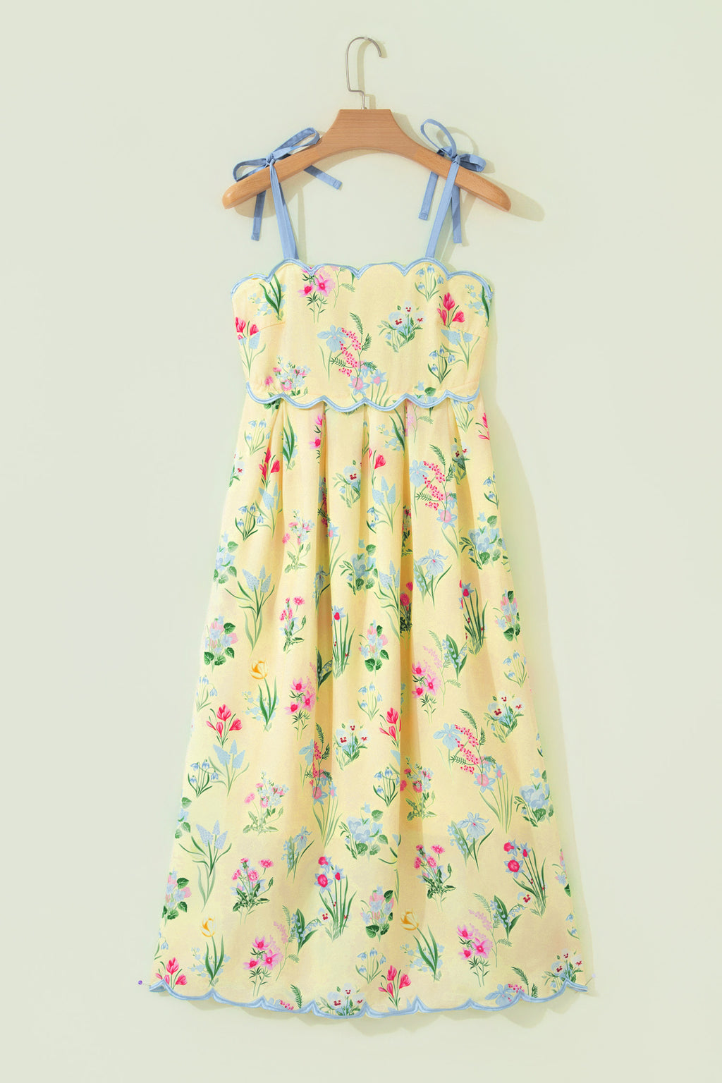 Floral Midi Dress Contrast Trim Self-Tie Straps High Waist Beige Pink Yellow
