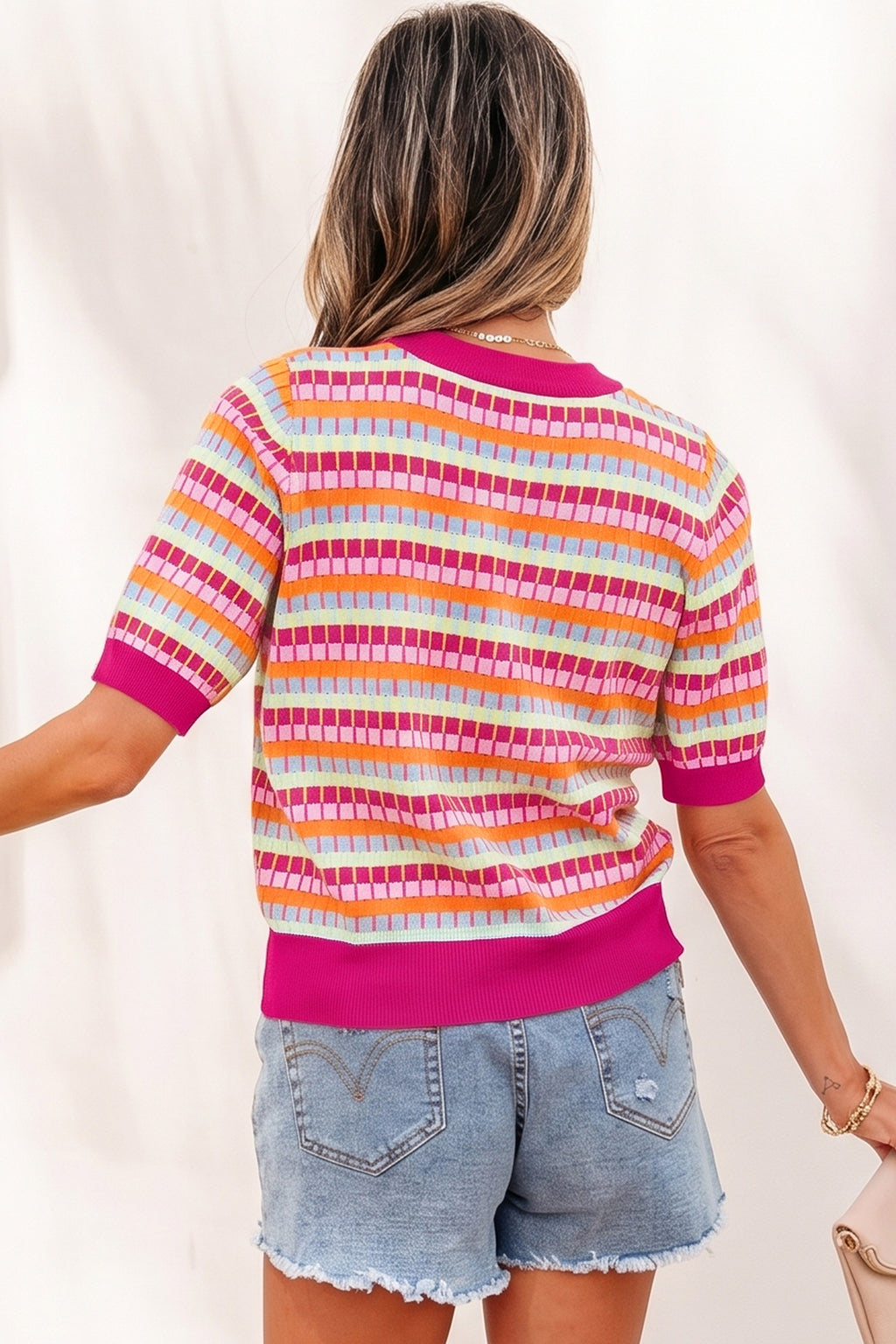 Women's Rose Red Abstract Stripe Knit Short Sleeve Sweater at LivelyLooks