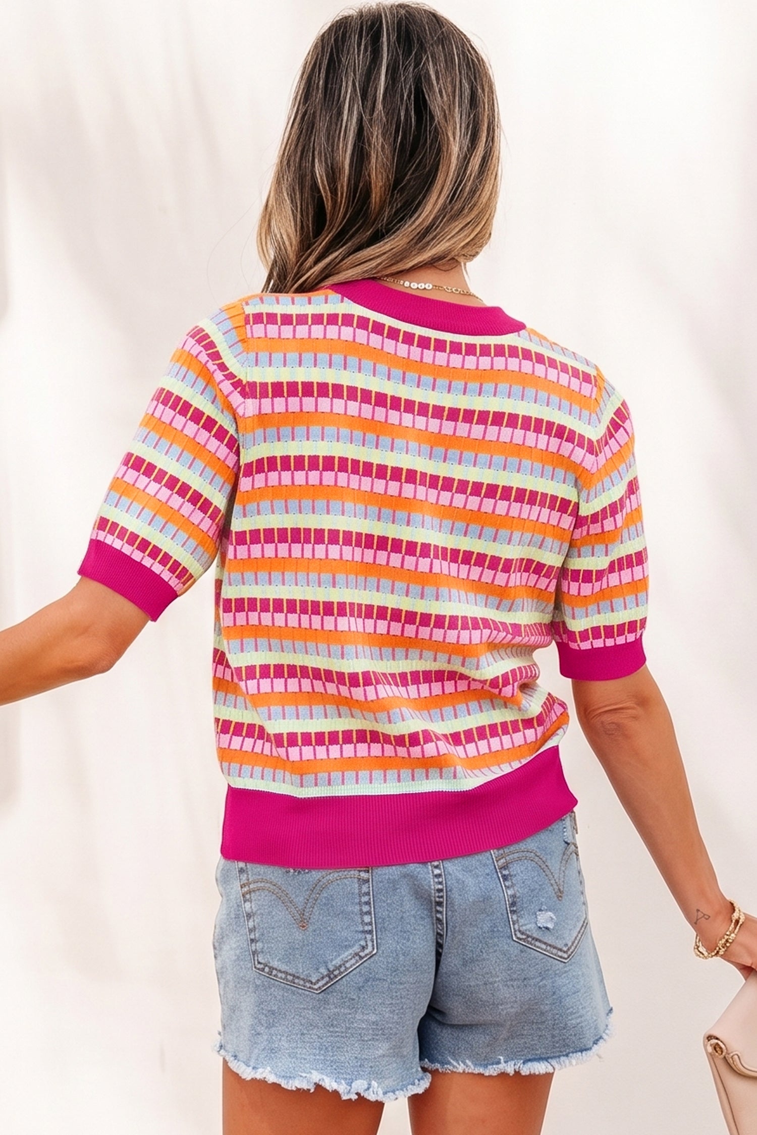 Women's Rose Red Abstract Stripe Knit Short Sleeve Sweater at LivelyLooks