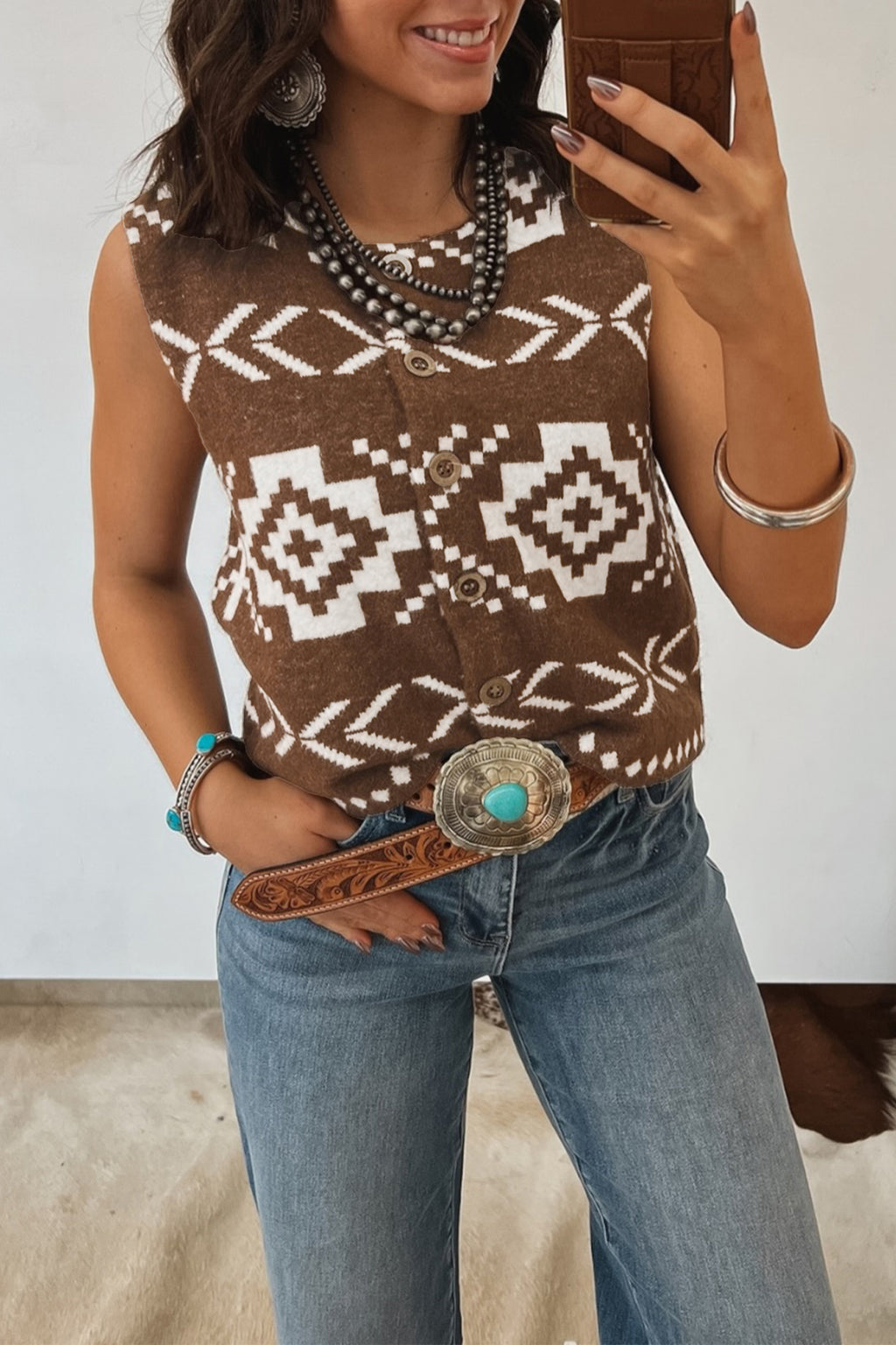 Shop Brown Aztec Print Sleeveless Sweater Vest Round Neck S-XL at LivelyLooks