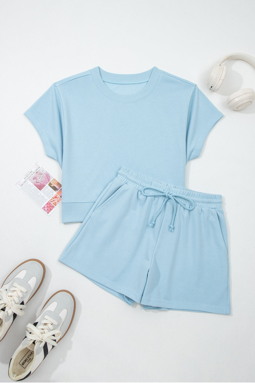 Loose Tee Drawstring Shorts Co-ord Set Mist Blue Sea Green S-XL