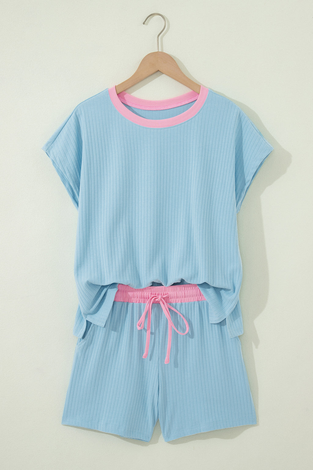 Mist Blue Ribbed Colour Block Tee & Shorts Co-ord Set