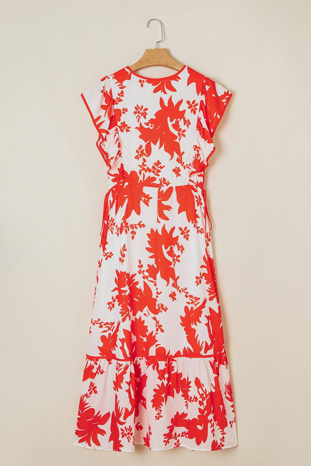 Red Floral Print Trimmed V Neck Ruffle Sleeve Long Dress S-XL