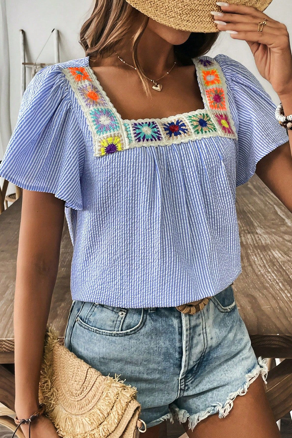Sky Blue Stripe Ruffle Square Neck Boho Blouse