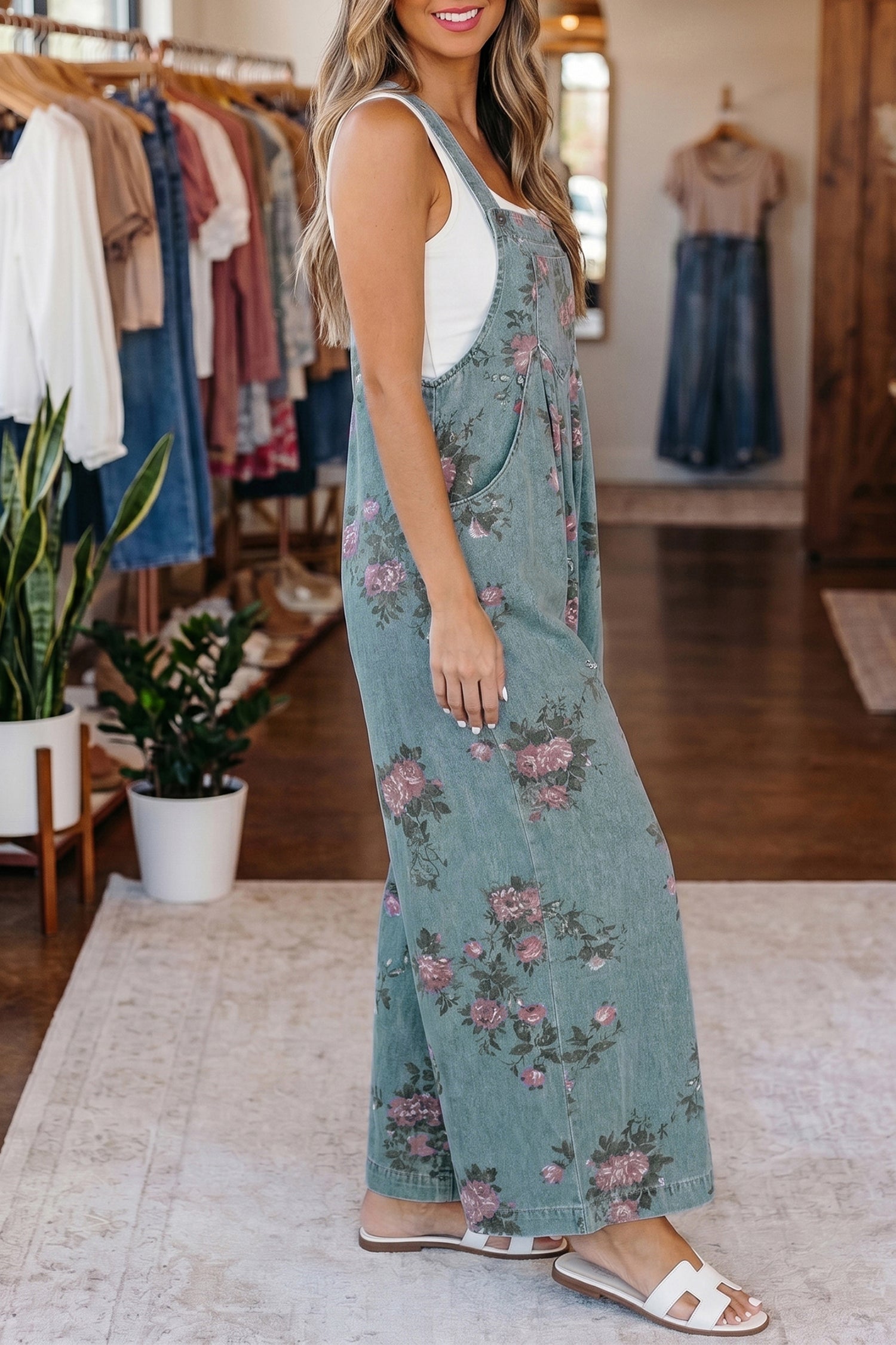 Floral Print Pleated High Waist Wide Leg Denim Jumpsuit | S-XL