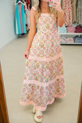 Pink Geometric Floral Sleeveless Dress Striped Patchwork Pockets Women S-XL