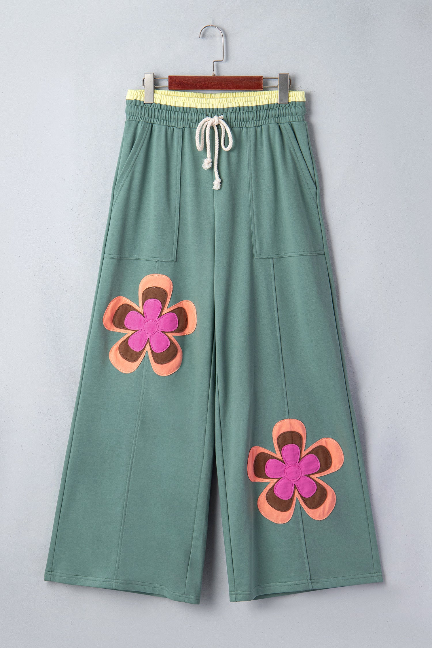Women's Green Floral Patchwork Wide Leg Pants | Boho Drawstring Waist at LivelyLooks