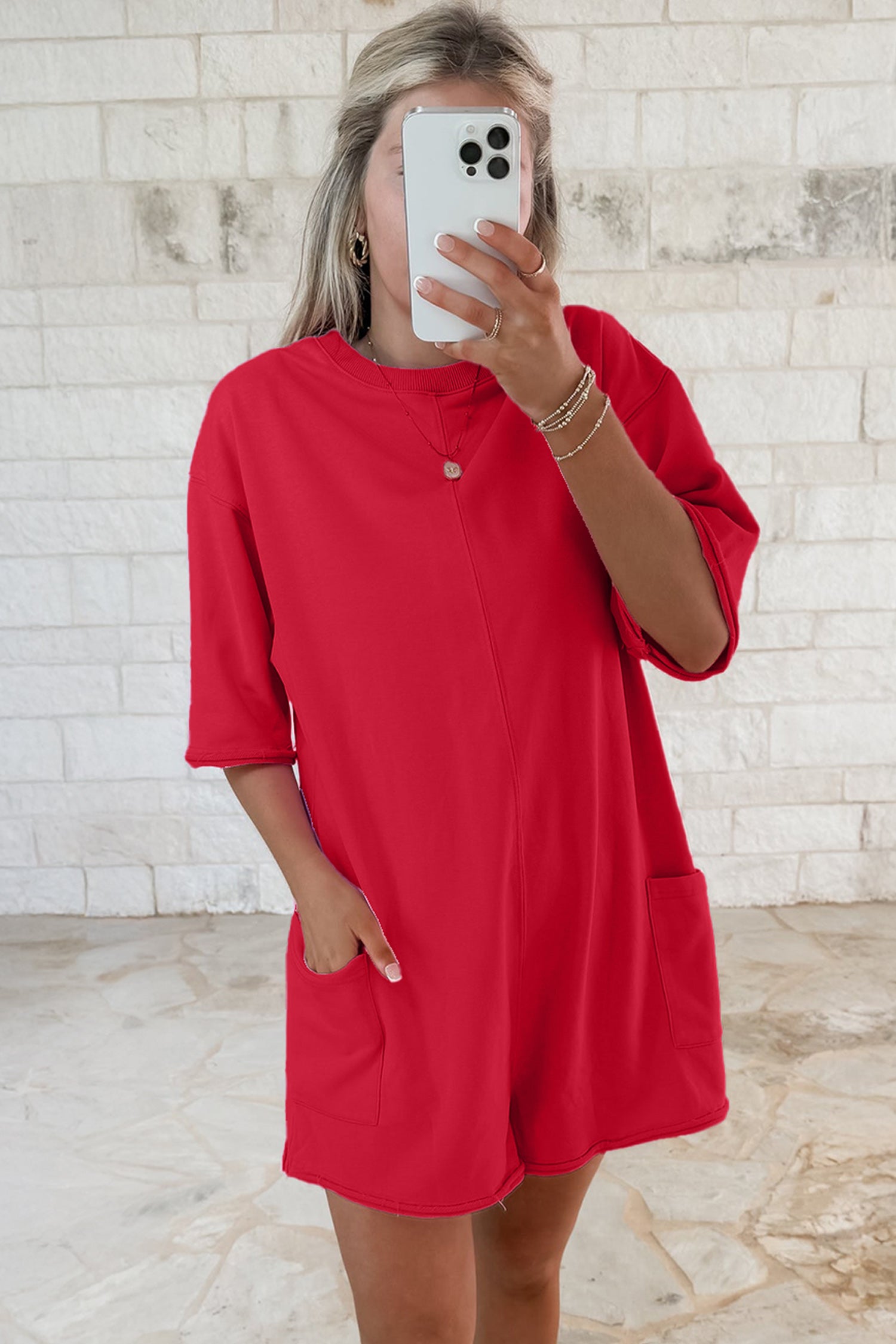 Shop Solid Colour Raw Edge Half Sleeve Pocketed Loose Romper | Green, Pink & Red | UK 8-22 at LivelyLooks