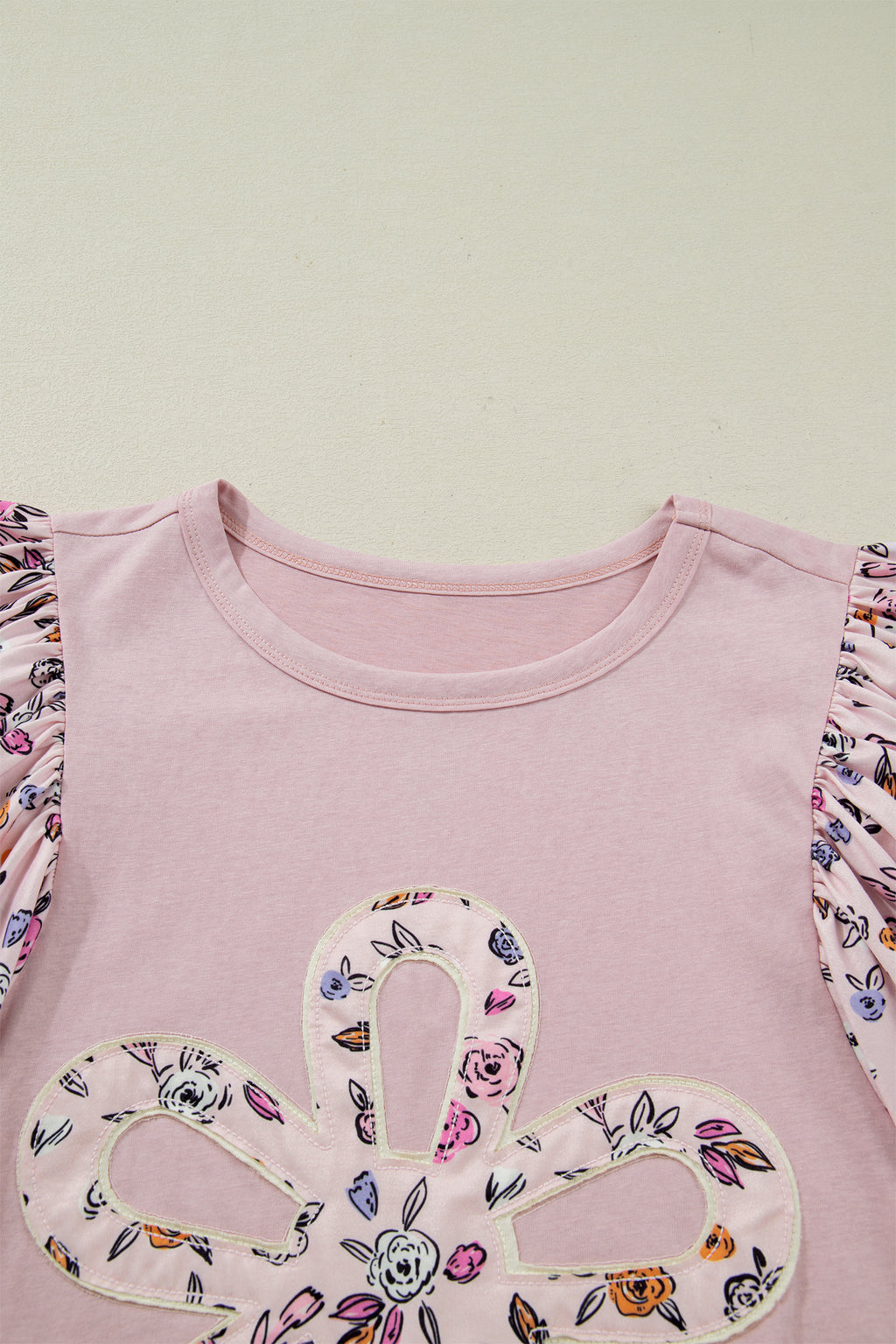 Women's Pink Contrast Floral Patched Flowy Half Sleeve Blouse at LivelyLooks