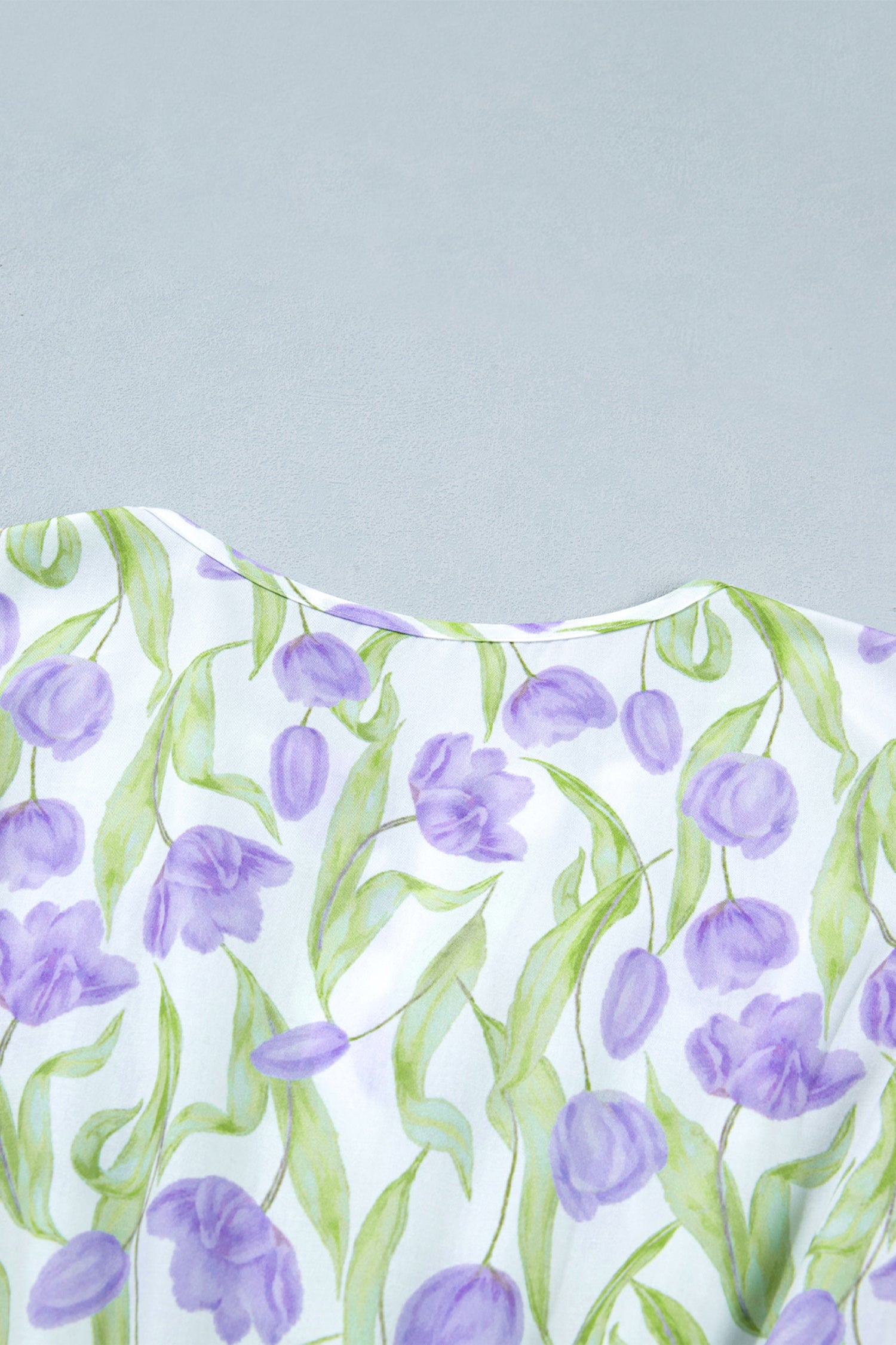 Purple Tulip Floral Print Contrast Trim Flutter Sleeve Midi Dress