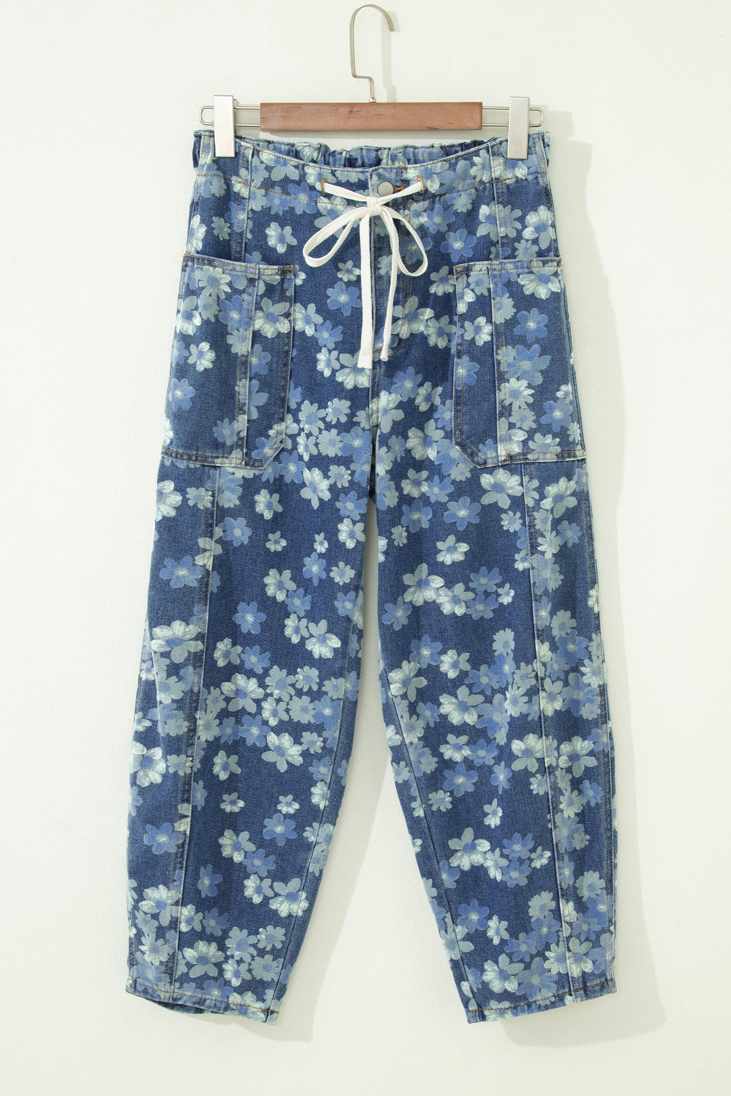 Shop Sky Blue Dainty Floral Print Drawstring Barrel Jeans Sz 4–16 at LivelyLooks