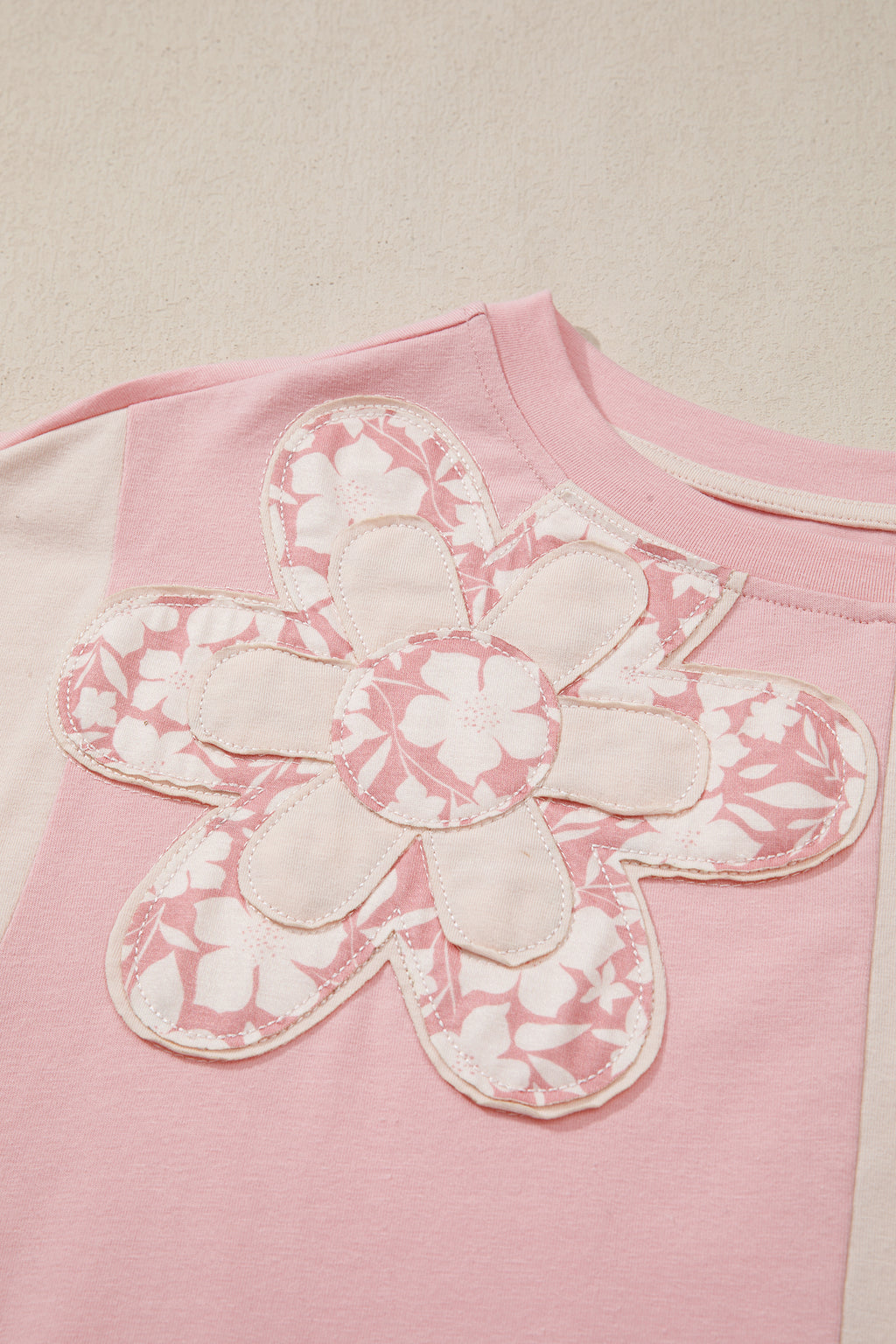 Beige Colour Block Flower Patch Loose T-Shirt | Casual Top