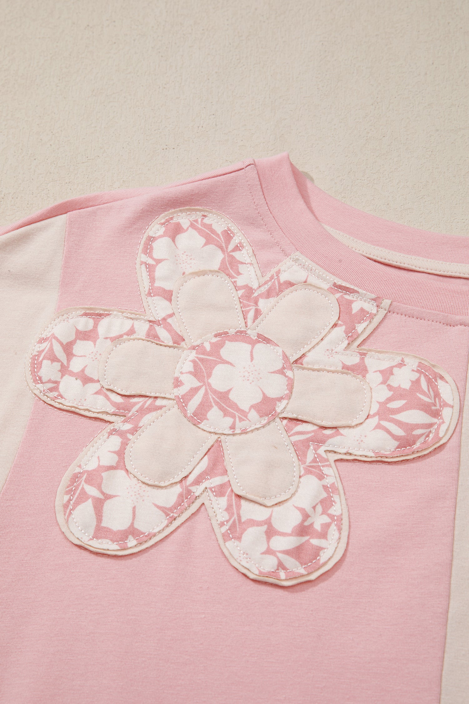 Beige Colour Block Flower Patch Loose T-Shirt | Casual Top