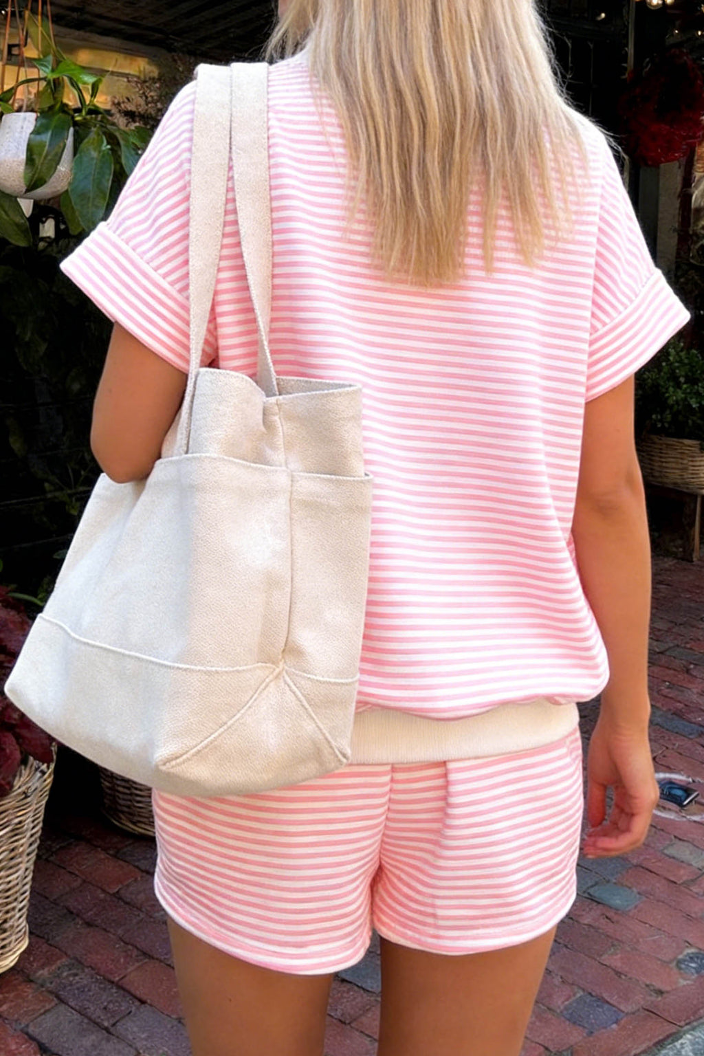 Pink Stripe Lake Weekend High Neck Short Sleeve 2-Piece Short Set
