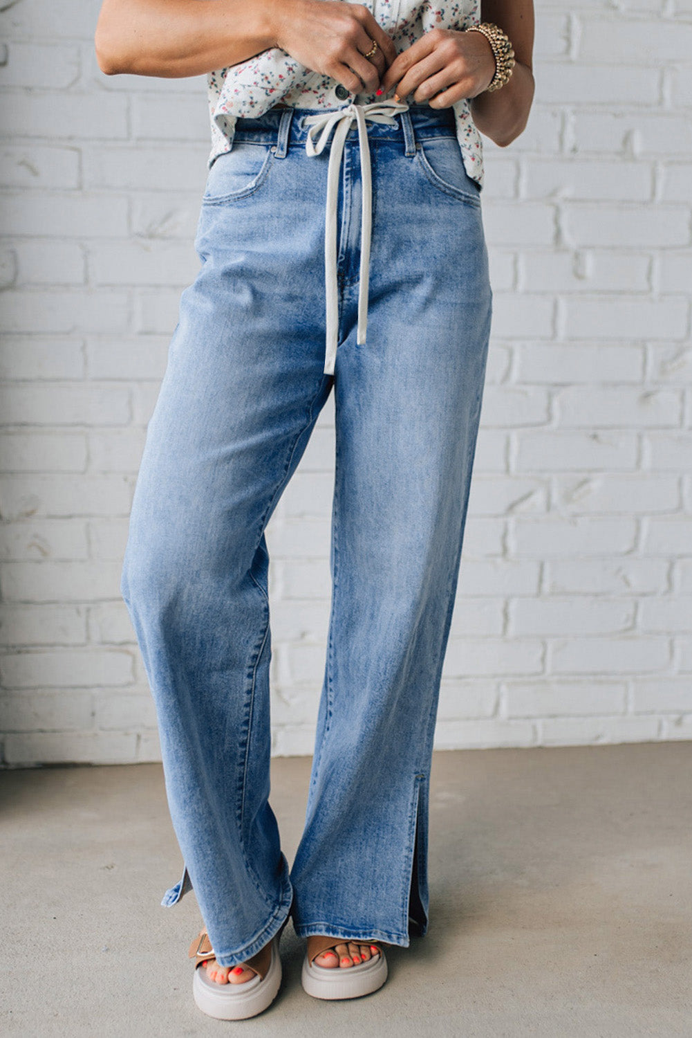 Shop Myosotis Slit Leg High Rise Drawstring Casual Jeans at LivelyLooks