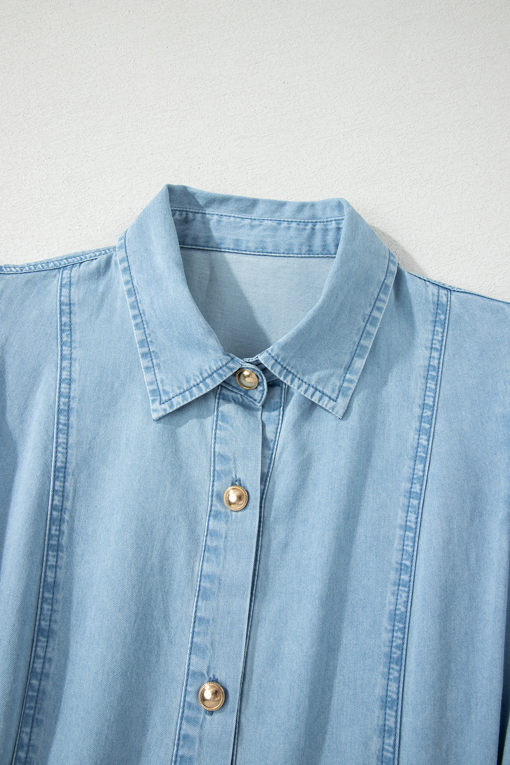 Women's Blue Button-Down Collared Bubble Sleeve Long Denim Dress at LivelyLooks