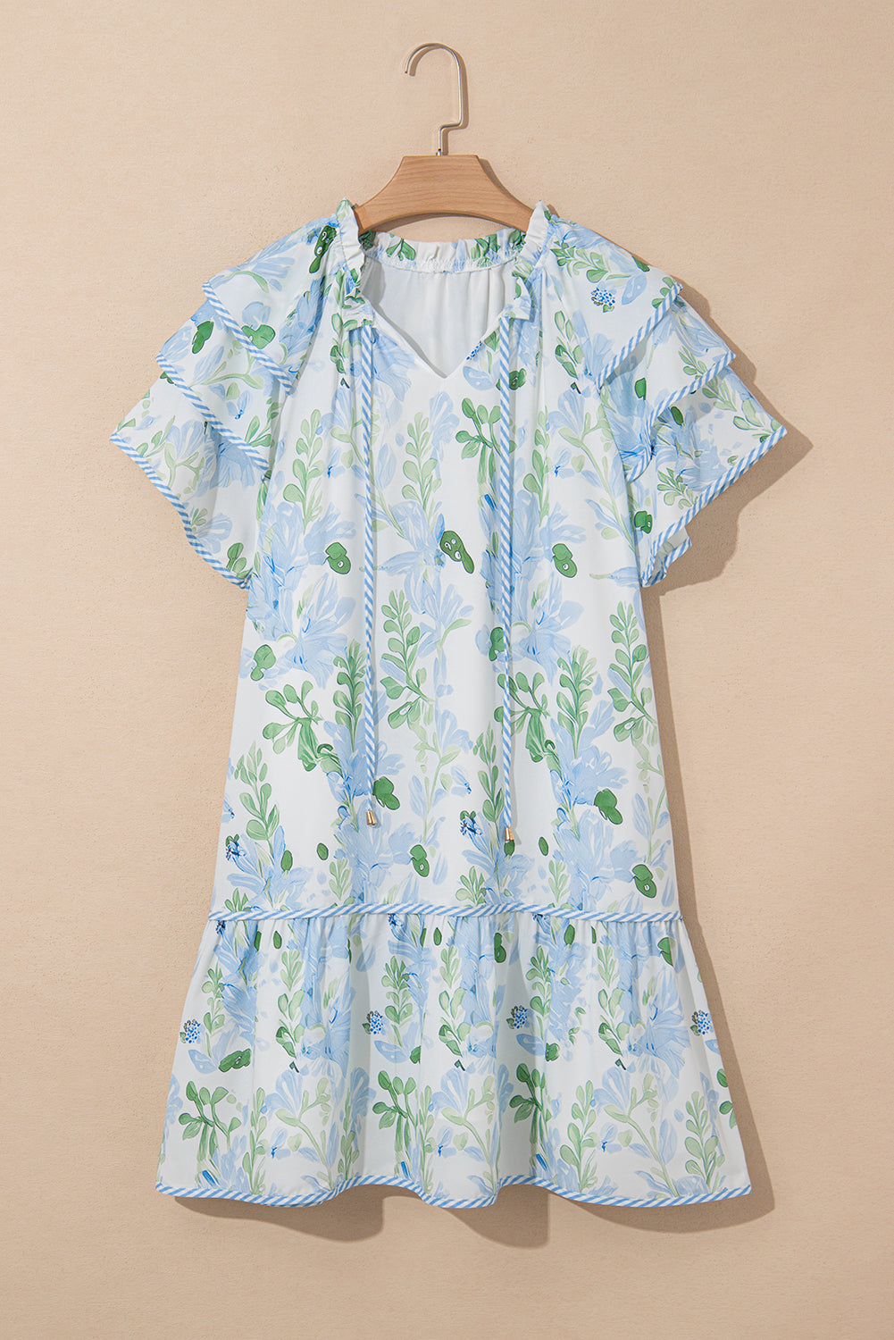 Floral Contrast Edge Layered Sleeve Mini Dress | Sky Blue & Pink
