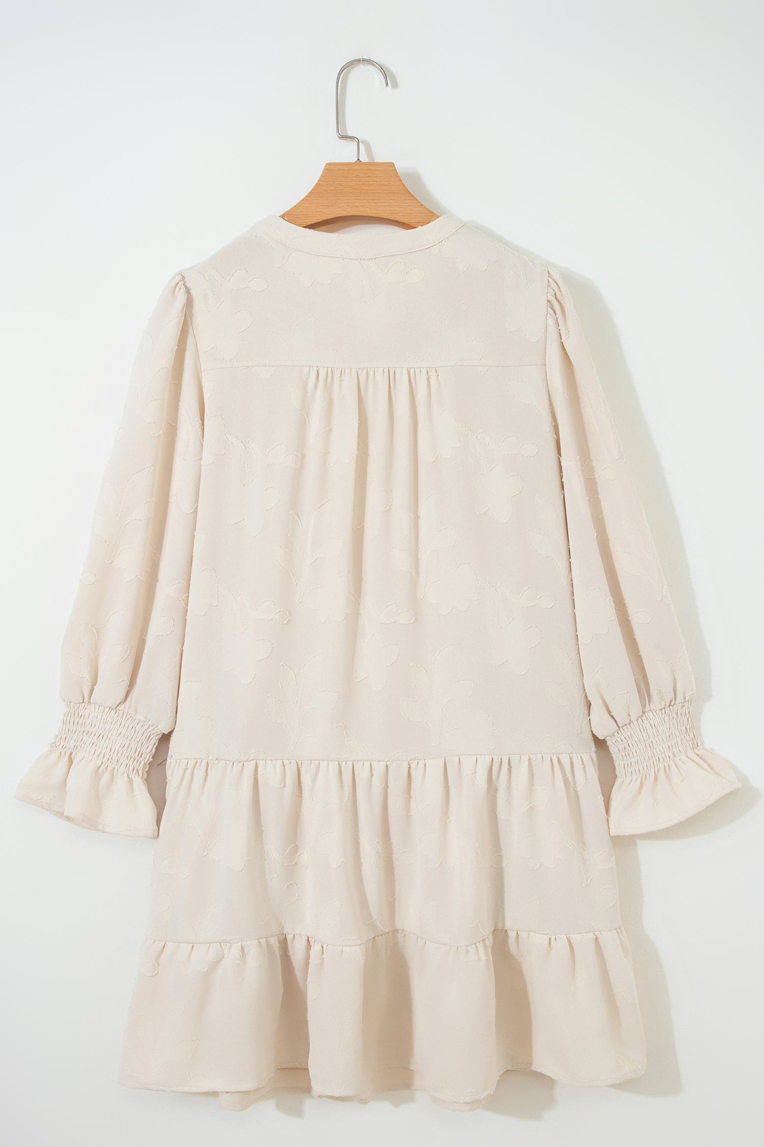 Women's Parchment Jacquard Tiered Mini Dress with Notched Neck at LivelyLooks