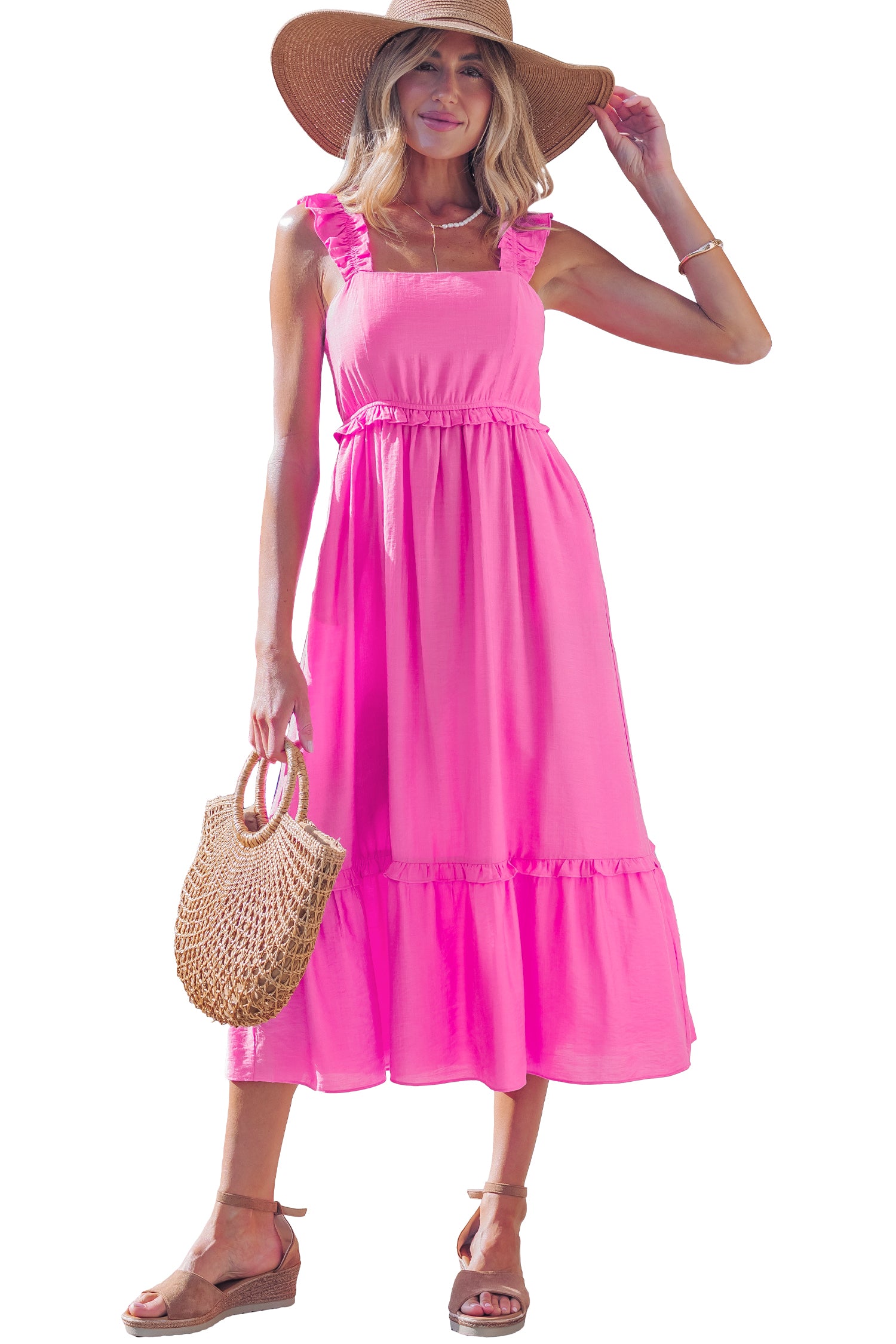 Women's Bonbon Solid Colour Ruffle Trim High Waist Sleeveless Maxi Dress at LivelyLooks