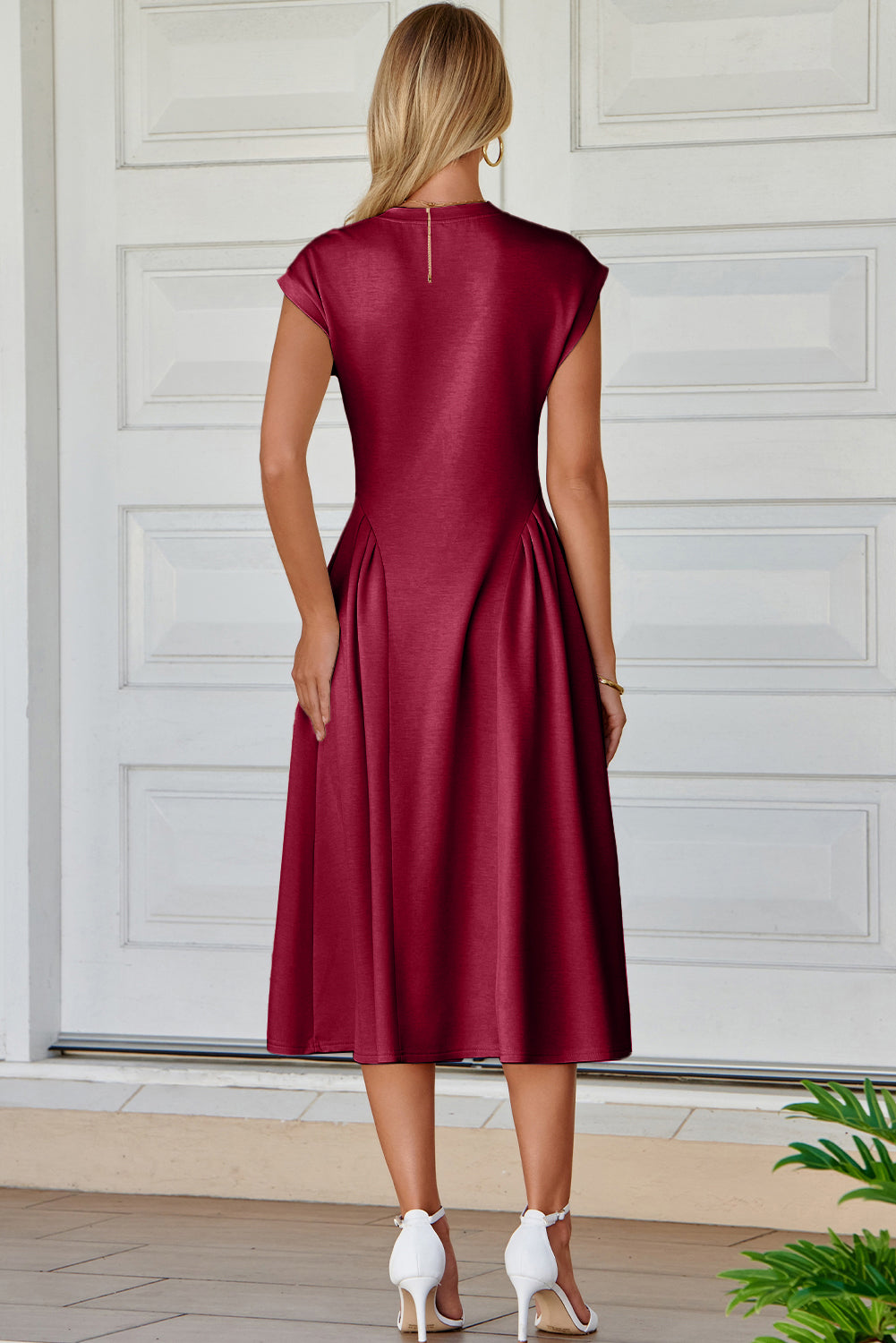 Burgundy V Neck Pleated Flared Midi Dress S-2XL