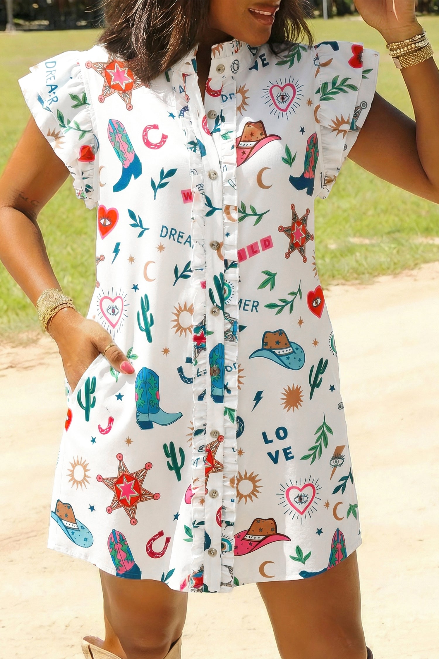 Shop White Western Print Flutter Sleeve Mini Dress | Sizes UK 8-20 at LivelyLooks