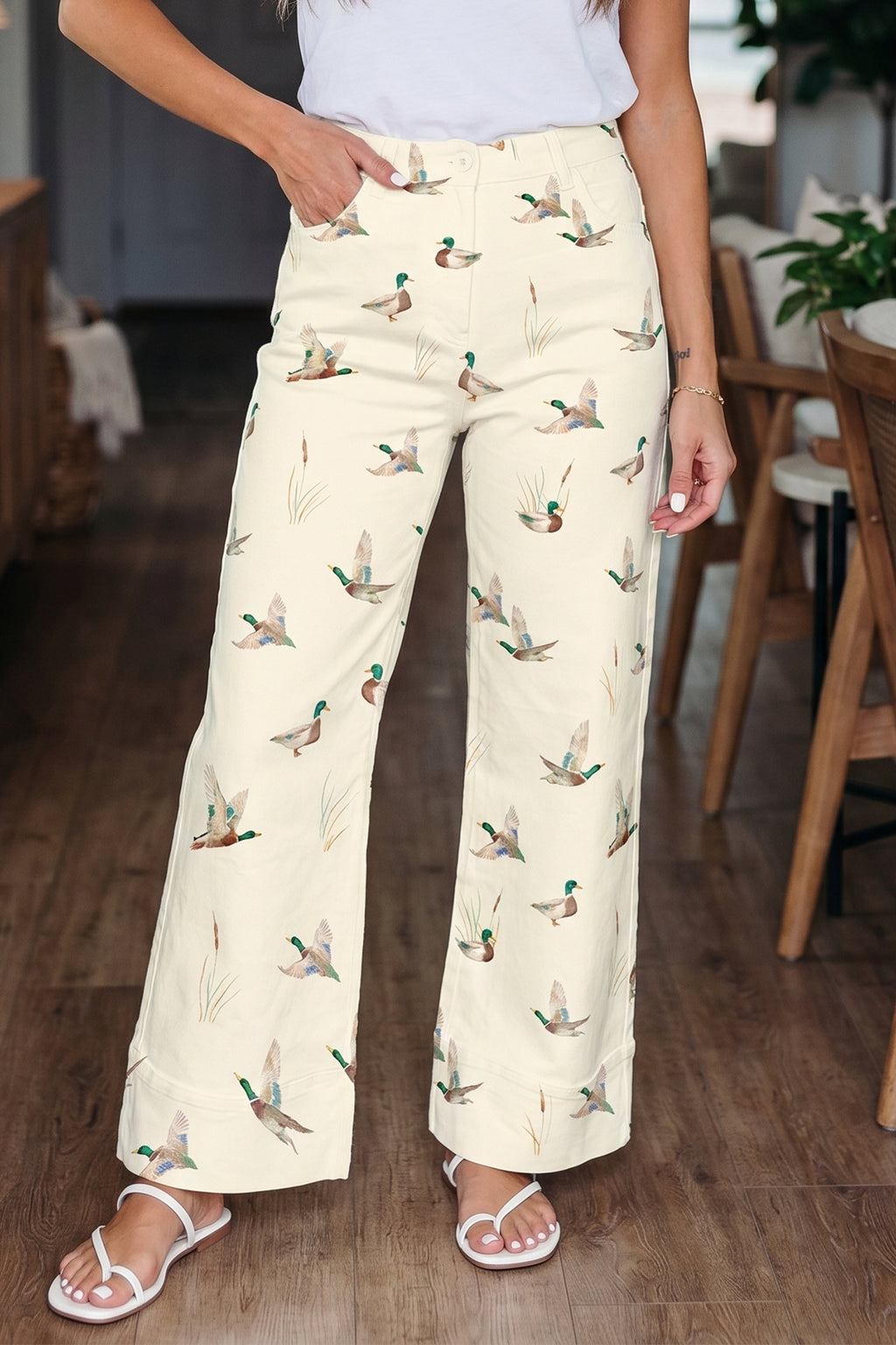 Women's Beige Mallard Print Cuffed Hem Shift Jeans Pockets Elastic UK 4-16 at LivelyLooks