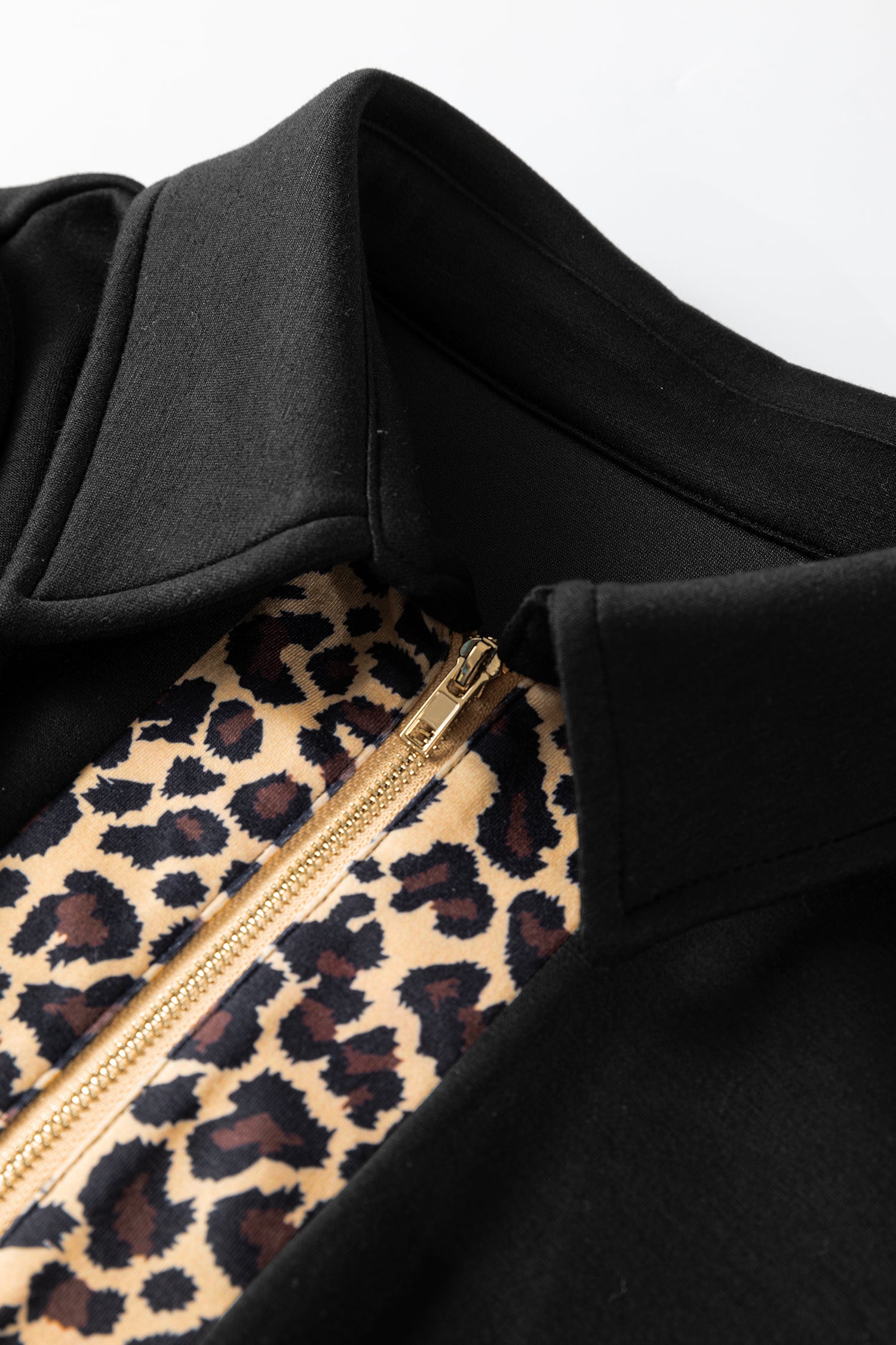 Women's Black Leopard Patchwork Zip Collared Short Puff Sleeve Shift Mini Dress at LivelyLooks