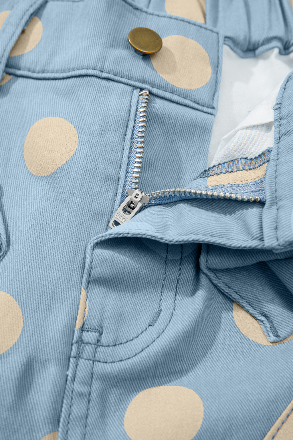 Polka Dot Print Bow Detail Pocketed Loose Jeans | White & Sky Blue
