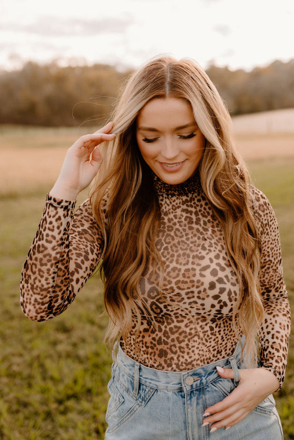 Brown Leopard Print Bodysuit Smocked Neck Mesh Long Sleeve Women S-XL