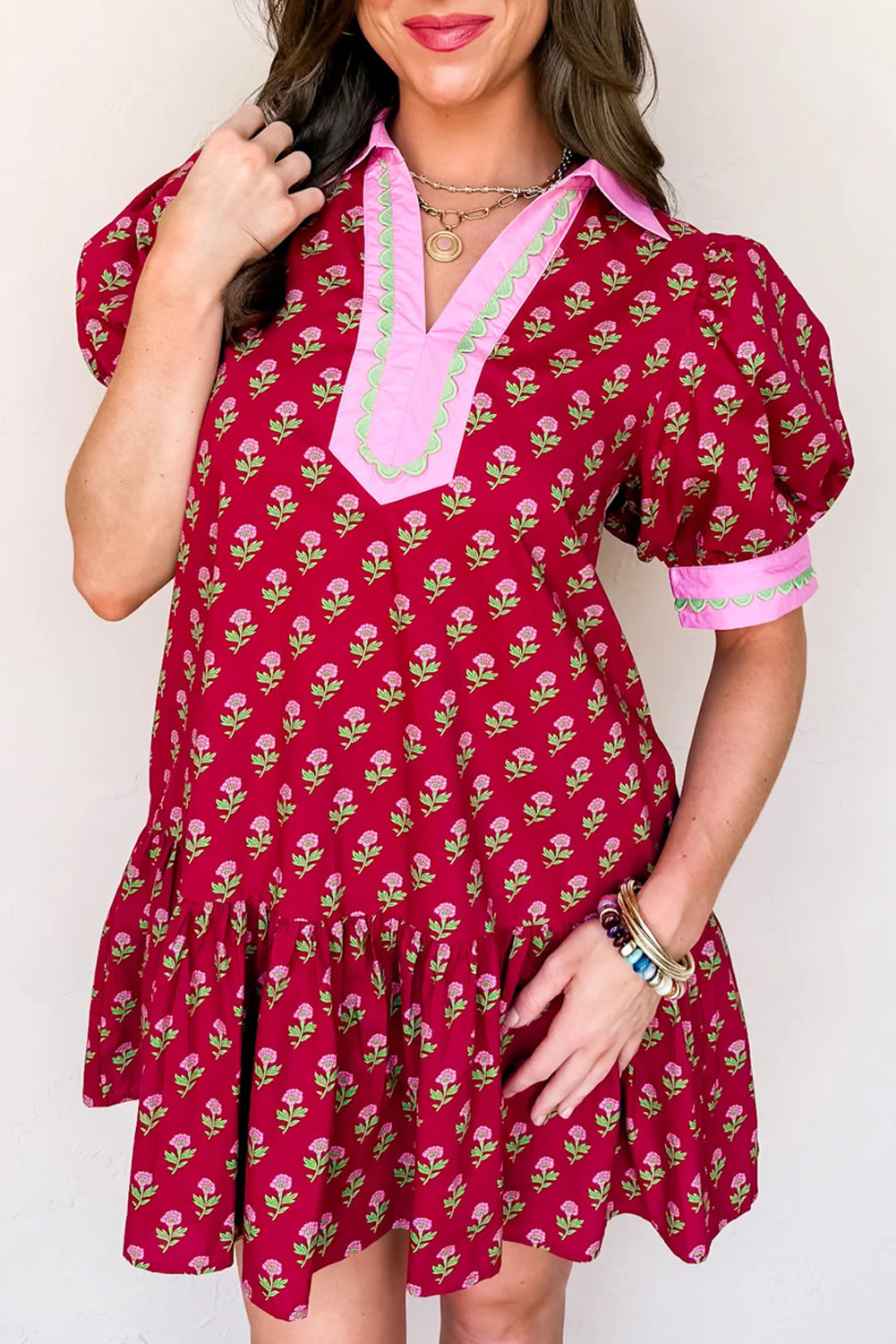 Red Floral Print Mini Dress Contrast V Neck Short Bubble Sleeve Women S-XL
