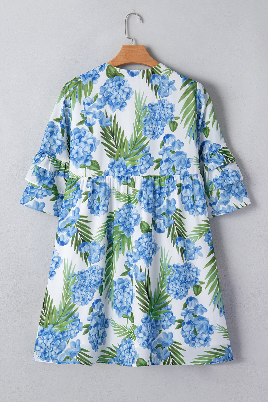 Sky Blue Palm Floral Print Contrast Ribbon Knot Ruffle Sleeve Mini Dress | UK 8–22