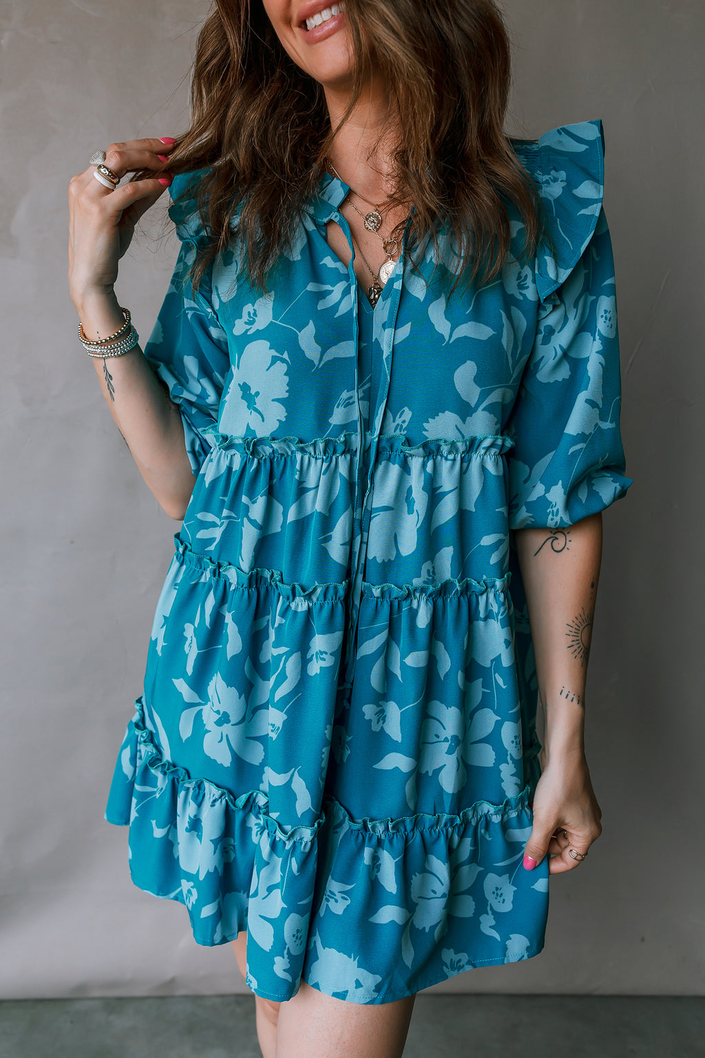 Blue Floral Half Sleeve Tiered Ruffle Mini Dress | A-Line Summer