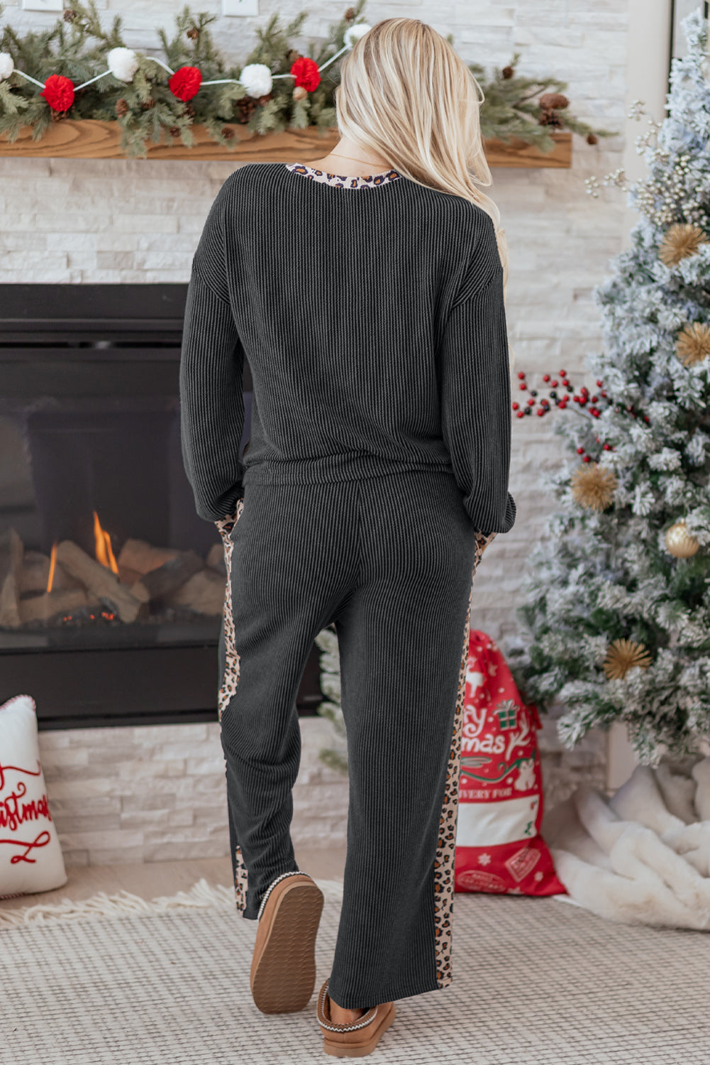 Carbon Grey Twisted Rib Leopard Patchwork Top & Pant Set | UK 8–22